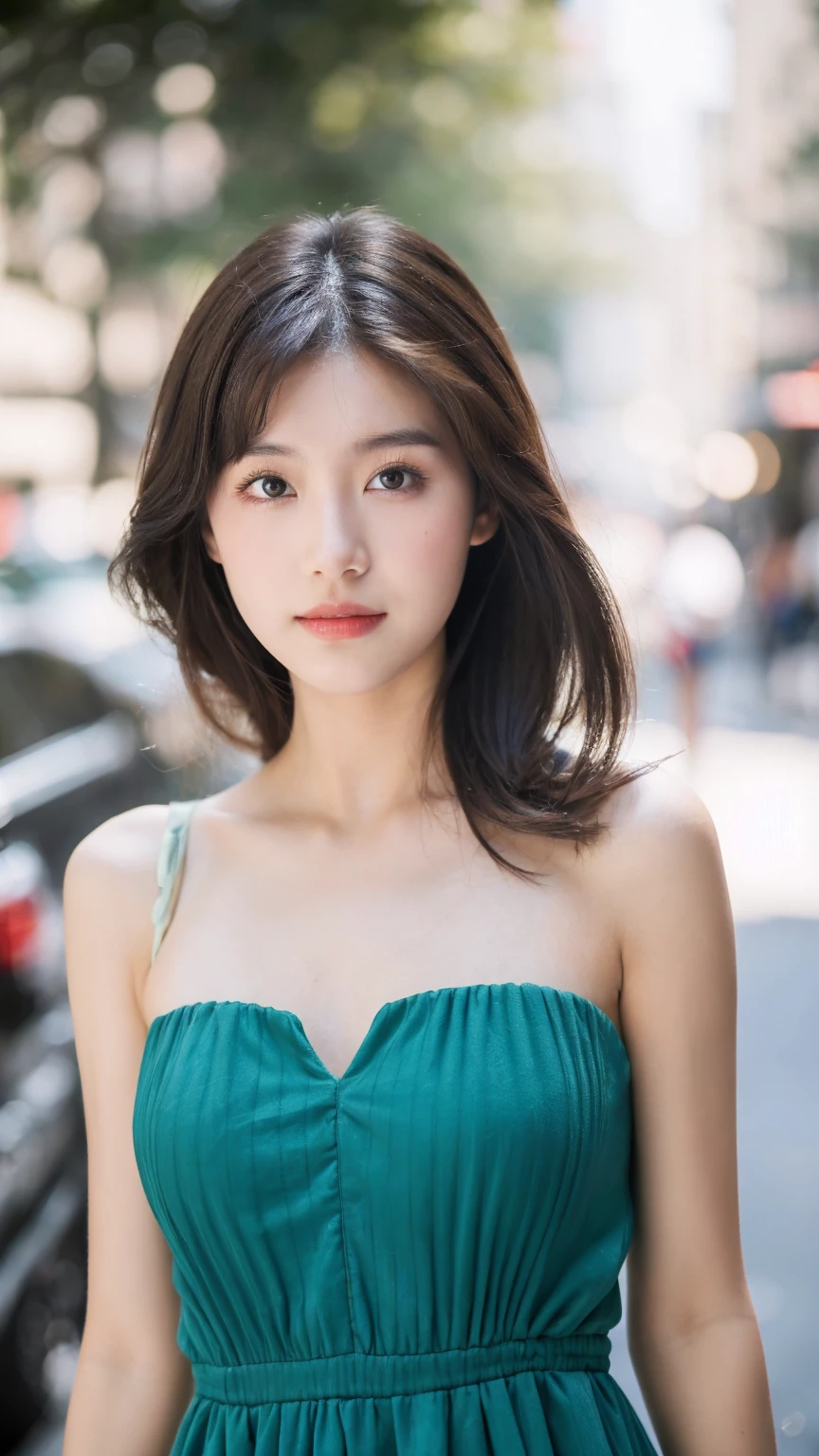 ((Best quality, 8k, masterpiece:1.3)),1girl,18 years old,Asian,Real texture:1.3,(Background blur:1.1),Dress Up,Tall and slender figure:1.2,(Hot summer weather),(street:1.3),Highly detailed face and skin textures,Exquisite eyes,Long eyelashes,Double eyelids,Skin Whitening,happy,Various postures,Beautiful breasts