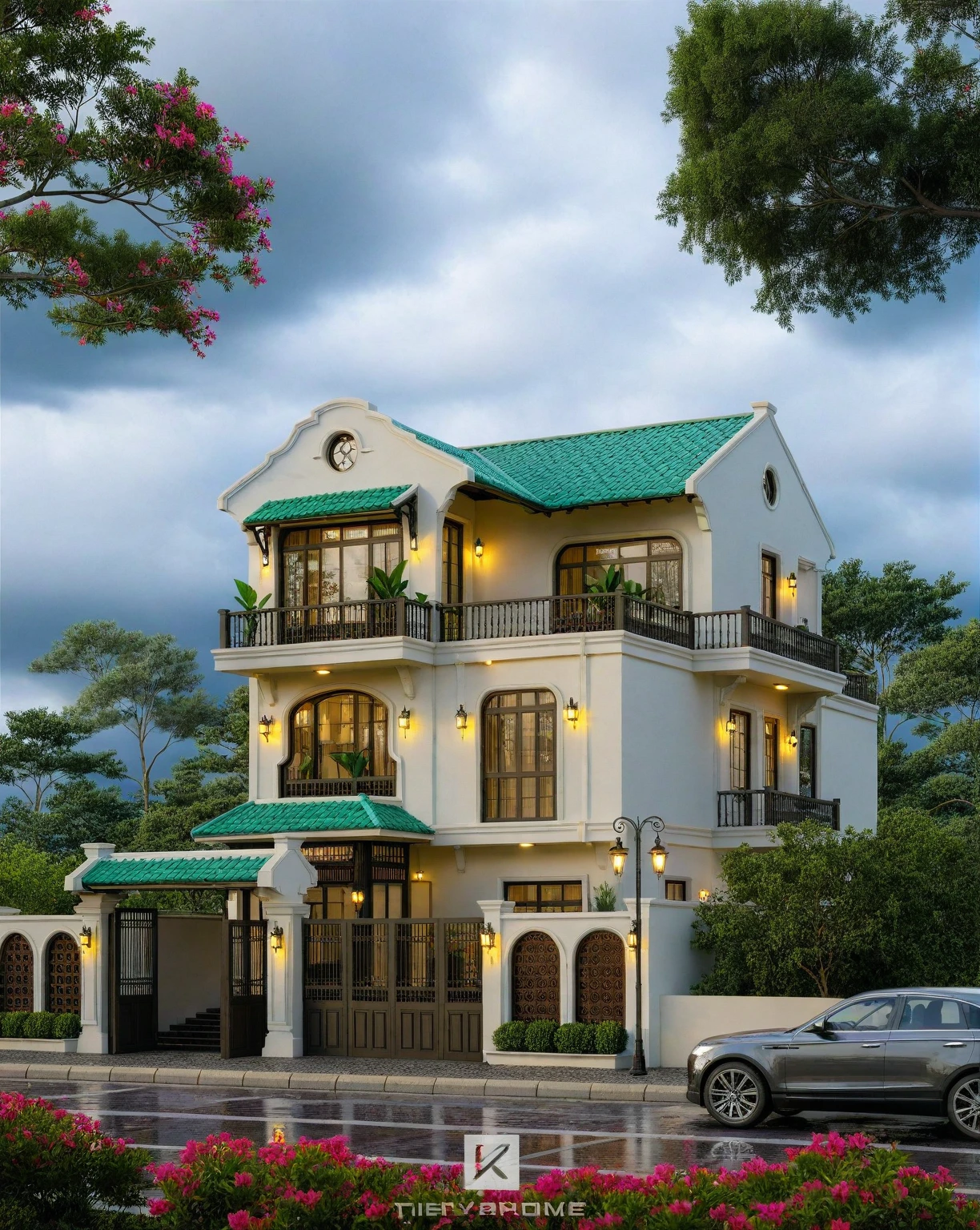 Raw photo,Masterpiece, high quality, best quality, authentic, super detail, exterior, outdoors, house style indochine, Many bougainvilleas along the road ,aiaigroup road,pavement, grass, trees, sky, cloud, (day:1.1), vivid colour ((green tile roof:1.3))