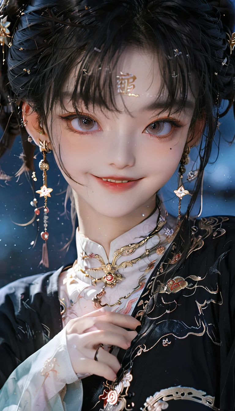 best quality, masterpiece, high resolution, 1 Girl,blush,(Charming smile:0.8),Star-shaped pupil,china hanfu,Hair accessories,necklace, Jewelry,Pretty Face,Above_Body, Tyndall effect,Reality, Dark Studio, Edge lighting, Two-tone lighting,(High Detail Skin:1.2), 8K uhd, Digital SLR Camera, Soft lighting, high quality, Volumetric Lighting, frank, photo, high resolution, 4K, 8K, Bokeh