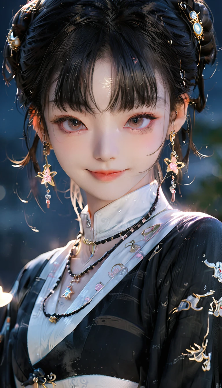 best quality, masterpiece, high resolution, 1 Girl,blush,(Charming smile:0.8),Star-shaped pupil,china hanfu,Hair accessories,necklace, Jewelry,Pretty Face,Above_Body, Tyndall effect,Reality, Dark Studio, Edge lighting, Two-tone lighting,(High Detail Skin:1.2), 8K uhd, Digital SLR Camera, Soft lighting, high quality, Volumetric Lighting, frank, photo, high resolution, 4K, 8K, Bokeh