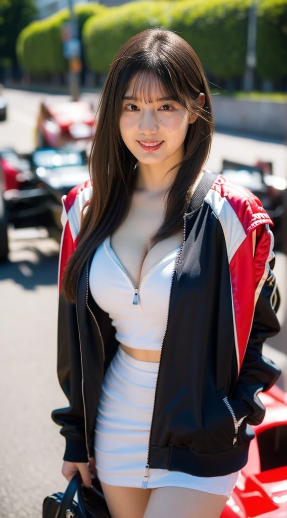 1 Girl with a sexy race queen ,((Panty shot))、(Belly button)、((メタリックカラーのレースクイーンコスチューム))、痩せている、(ultra realistic 8k cg, RAW photo, best quality, masterpiece:1.2), High detail RAW color photo, professional photograph, (realistic, photo-realistic:1.3), (best quality), (cinematic light), (masterpiece),((Knee-high))、((Nipple Covers))、(Cleavage Emphasis)、(A wet, see-through jacket)、Very bright backlight, Solo, {beautiful-detailed eyes}, Big breasts, calm expression, Natural light and soft light, hair blowing in the wind, delicate facial features, Blunt bangs, Beautiful Japanese girl, Eye Smile, Lip smile, fit girl, Racing Stadium, plein air, In-game, 20 years old, ((model poses)), Glamorous body type, film grain, Real hands, (Colorful and glossy promotional uniforms:1.3), tight dress, accessory, Thigh Show, sleeveless, (Unzip the zipper near the chest area and show the division...:1.3), (Formula Cars:1.3),ツインテール,下から,ピンクヘアー,Sticking out tongue, ツインテール、サーキットのガレージ、オフショルダー、high Ponytail.