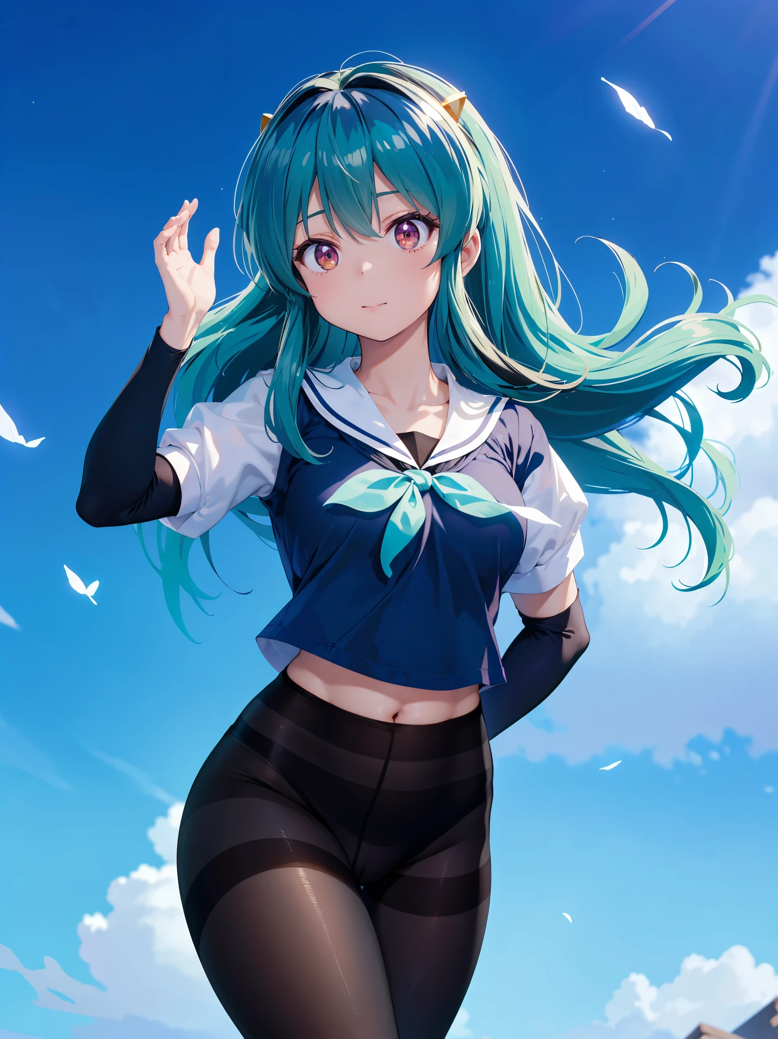 (1 Girl:1.2),(high quality), (High resolution), (Very detailed), (8k),(Demolition paperback correct)、Urusei Yatsura、Ram-chan、Sexy Lingerie、Wearing a sailor uniform、((Focus on the whole body))、Nipple Shape、((Black Pantyhose))、Hair messed up by the strong wind、Neutral White Lighting,Sexy pose、