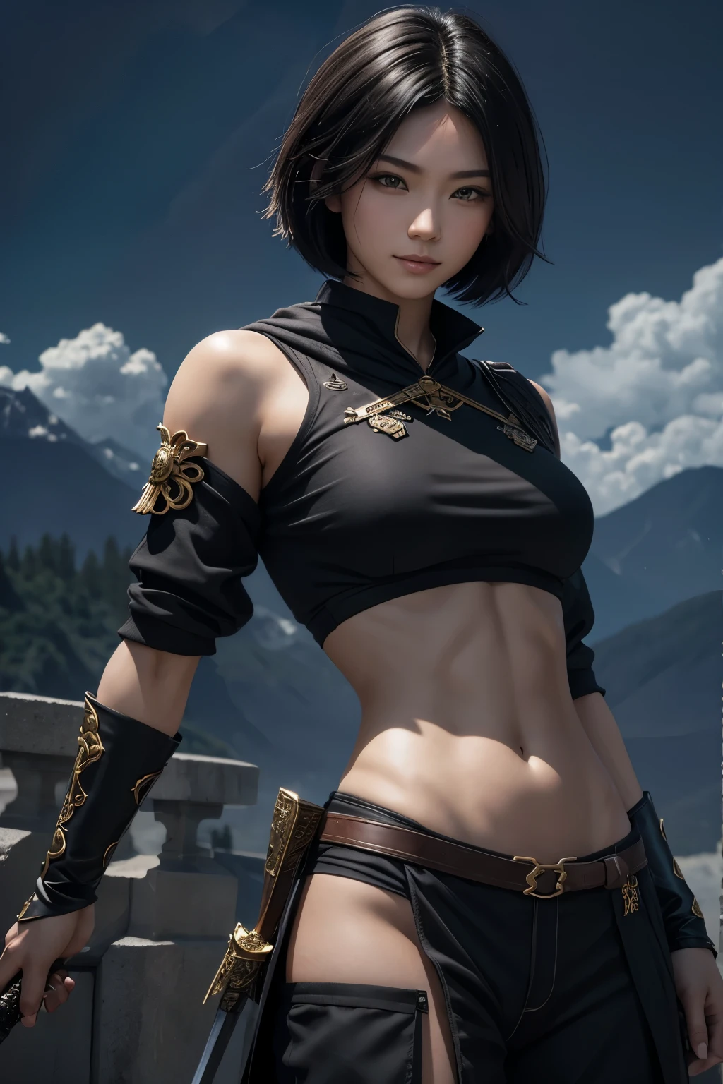 8k、alone,16 year old big breasted beauty,Super Beauty(Like the real thing),Iris,super beautiful teenager,Black short bob hair,黒と赤のSexy Exterior,Black trousers,Golden decoration,Demon Slayer: Androgynous Beauty,A wonderful work of art、Wind effects:1.9、Cloud Effect:1.2、Full Rendering,Unreal Engine、Ultra-high resolution,super 超Realistic Skin,Ultra-precise hand-crafted detailing,smile,Photorealistic RAW photos of the highest quality。Backlight, Cinema Lighting, Film Grain, 50mm lens, Nikon D850,Realistic Skin,Fantasy art,Character Art,Ultra-high resolution,Muscular and slim body,Muscular and lean lower body,Precise facial details,What's left behind,Perfect hands,Cool sexy beauty,landscape,Extremely ripped abs,Muscular Beauty,Very large breasts,Sexy Exterior,Wide open chest,Body balance,smile,Makeup,Accentuate your cleavage,Dynamic fighting pose,