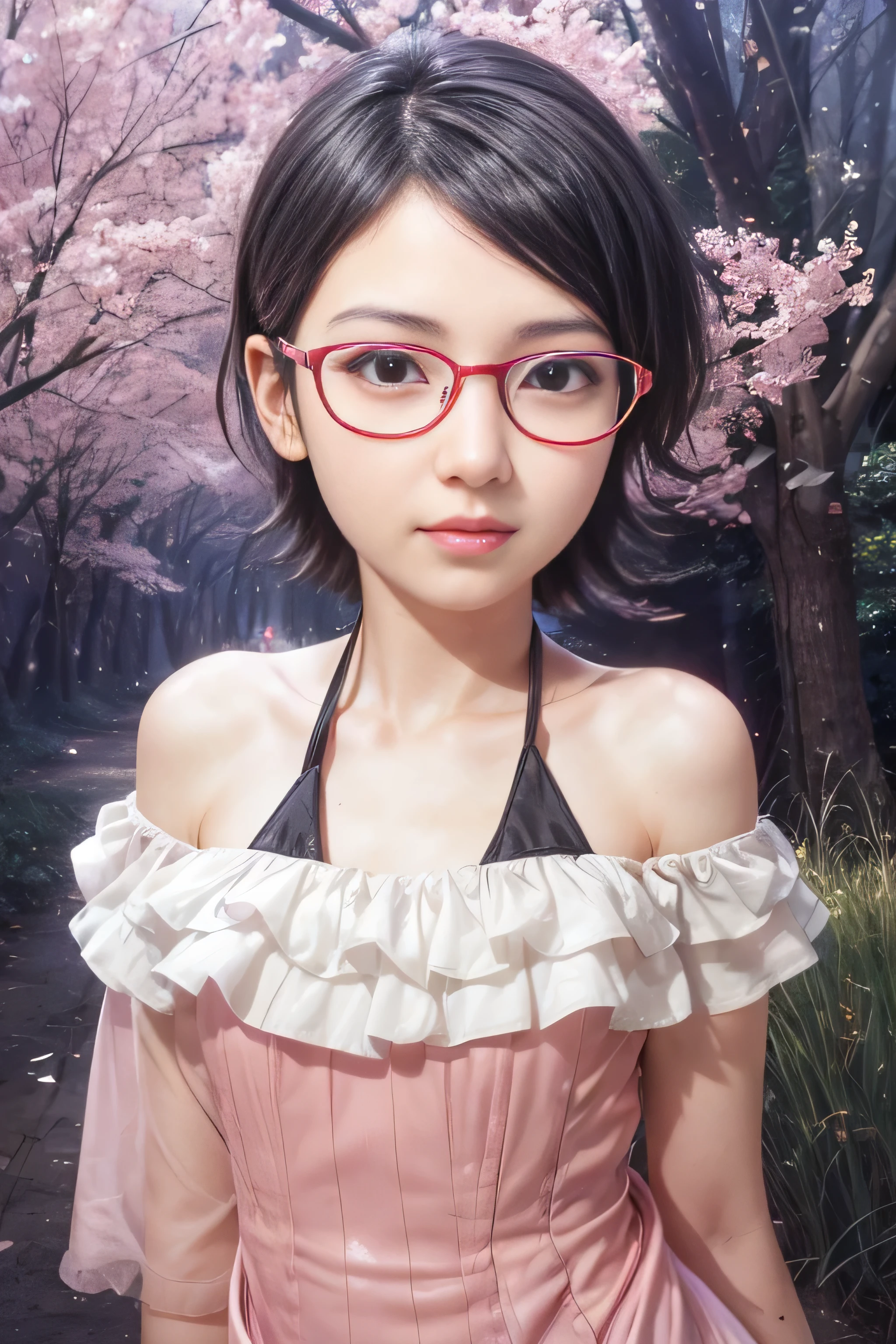 masterpiece, best quality, (realistic,photo-realistic:1.4), (RAW photo:1.2), extremely detailed CG unity 8k wallpaper, delicate and beautiful, amazing,finely detail, official art, absurdres, incredibly absurdres, huge filesize, ultra-detailed,extremely detailed eyes and face,light on face,little smile,(black hair:1.4)short hair,(wearing lingerie:1.4),jungle,(wearing red framed glasses:0.5),sarada