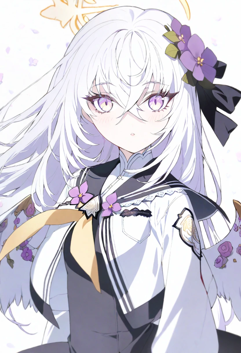 azusa \(blue archive\), 1girl black_dress black_ribbon black_sailor_collar blush breast_pocket closed_mouth crossed_bangs dress eyelashes feathered_wings flower frilled_dress frills hair_between_eyes hair_flower hair_ornament hair_ribbon halo hand_up jacket light_particles long_hair long_sleeves looking_up low_wings neckerchief open_clothes open_jacket parted_lips pocket puffy_long_sleeves puffy_sleeves purple_eyes purple_flower ribbon sailor_collar school_uniform sidelocks sleeve_cuffs solo standing upper_body very_long_hair white_background white_hair white_jacket white_wings wings yellow_neckerchief