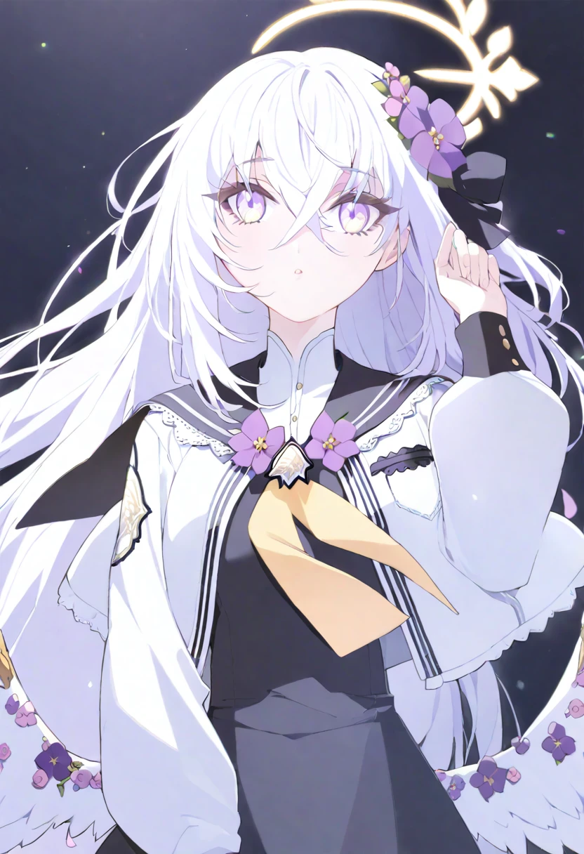 azusa \(blue archive\), 1girl black_dress black_ribbon black_sailor_collar blush breast_pocket closed_mouth crossed_bangs dress eyelashes feathered_wings flower frilled_dress frills hair_between_eyes hair_flower hair_ornament hair_ribbon halo hand_up jacket light_particles long_hair long_sleeves looking_up low_wings neckerchief open_clothes open_jacket parted_lips pocket puffy_long_sleeves puffy_sleeves purple_eyes purple_flower ribbon sailor_collar school_uniform sidelocks sleeve_cuffs solo standing upper_body very_long_hair white_background white_hair white_jacket white_wings wings yellow_neckerchief