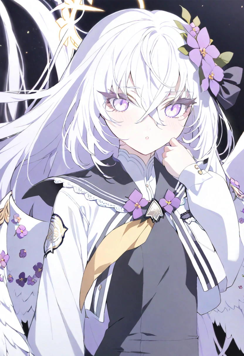azusa \(blue archive\), 1girl black_dress black_ribbon black_sailor_collar blush breast_pocket closed_mouth crossed_bangs dress eyelashes feathered_wings flower frilled_dress frills hair_between_eyes hair_flower hair_ornament hair_ribbon halo hand_up jacket light_particles long_hair long_sleeves looking_up low_wings neckerchief open_clothes open_jacket parted_lips pocket puffy_long_sleeves puffy_sleeves purple_eyes purple_flower ribbon sailor_collar school_uniform sidelocks sleeve_cuffs solo standing upper_body very_long_hair white_background white_hair white_jacket white_wings wings yellow_neckerchief
