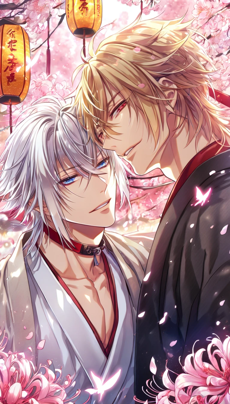 absurd resolution, high resolution, ultra detailed, detailed eyes, extremely detailed, HDR, 8K, Kazama Chikage, honey blonde hair, expressive red eyes, Hakuouki, Kuninaga Tenka, white hair, expressive blue eyes, white eyelashes, two sexy men together, yaoi, gay couple, handsome, black haori, white kimono, red collar, fantasy, cool, magical, pink glittering butterflies, pink dust flying around, pink spider lilies, pink petals, pink lanterns, Japanese ambiance, cherry blossoms