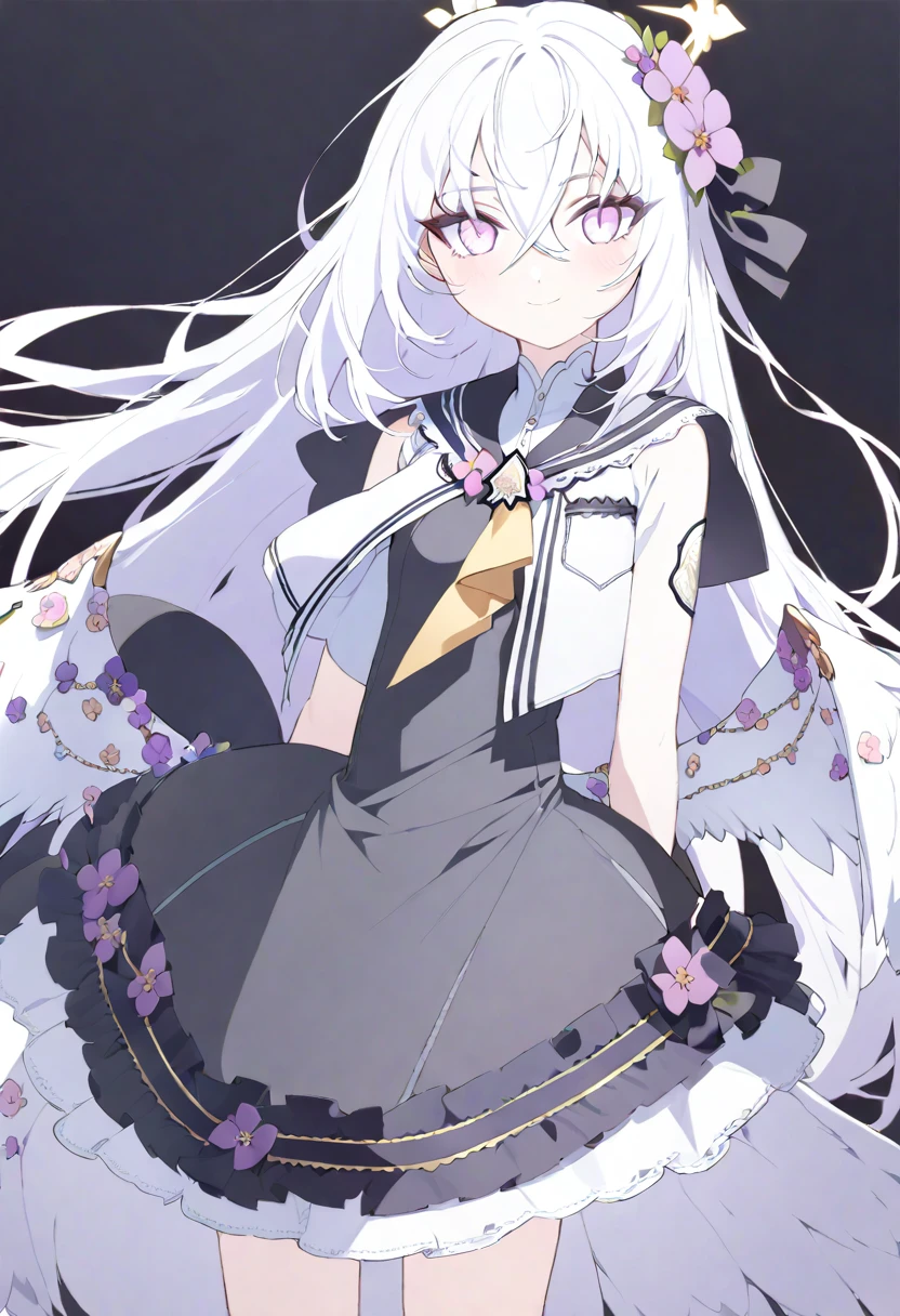   azusa \(blue archive\), 1girl bare_shoulders black_dress blush closed_mouth dress flower hair_between_eyes hair_flower hair_ornament halo long_hair looking_at_viewer pink_eyes simple_background sleeveless sleeveless_dress solo_focus very_long_hair white_background white_hair wings smile