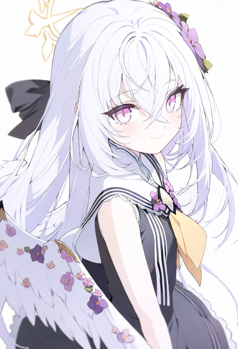azusa \(blue archive\), 1girl bare_shoulders black_dress blush closed_mouth dress flower hair_between_eyes hair_flower hair_ornament halo long_hair looking_at_viewer pink_eyes simple_background sleeveless sleeveless_dress solo_focus very_long_hair white_background white_hair wings smile