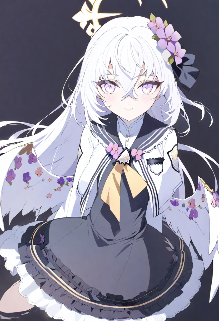azusa \(blue archive\), 1girl bare_shoulders black_dress blush closed_mouth dress flower hair_between_eyes hair_flower hair_ornament halo long_hair looking_at_viewer pink_eyes simple_background sleeveless sleeveless_dress solo_focus very_long_hair white_background white_hair wings smile