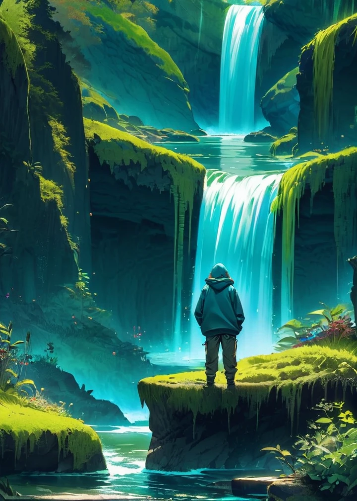 Generate a scenic image of a person standing at the edge of a rocky outcrop, overlooking a series of cascading waterfalls. The water is a vibrant turquoise blue, surrounded by dark, moss-covered rocks and sparse vegetation. The person is dressed in a hooded jacket and outdoor pants, facing away from the camera, taking in the breathtaking view. The overall atmosphere is serene and awe-inspiring, capturing the beauty of nature in a remote location."