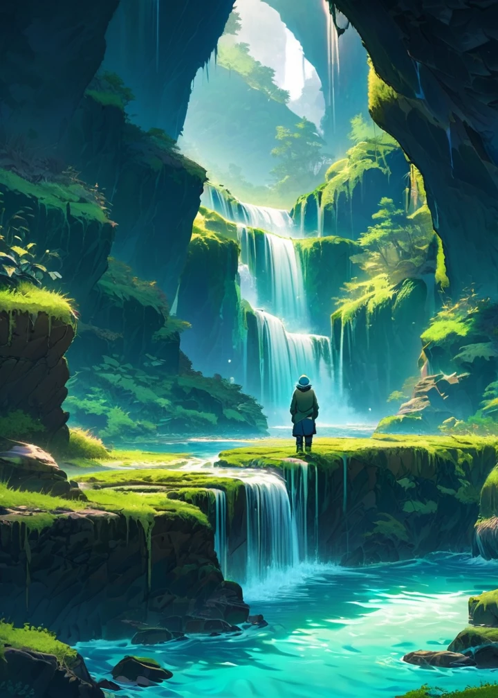 Generate a scenic image of a person standing at the edge of a rocky outcrop, overlooking a series of cascading waterfalls. The water is a vibrant turquoise blue, surrounded by dark, moss-covered rocks and sparse vegetation. The person is dressed in a hooded jacket and outdoor pants, facing away from the camera, taking in the breathtaking view. The overall atmosphere is serene and awe-inspiring, capturing the beauty of nature in a remote location."