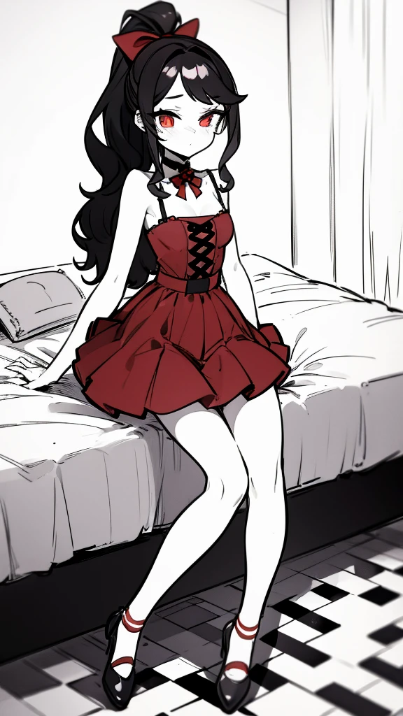 using pantimedies, wavy black hair, piercing look with deep red eyes, average stature, Silky hair with a ponytail hairstyle collected with a red bow with two white lines, with clothes, has a vagina, has breasts, cup of breasts, small breasts, slim, foreground, Session, sitting in her room, sitting on the floor of her room, wearing pantyhose, using pantimedies, Picardias, short skirt, shoes, blouse with straps, blush 