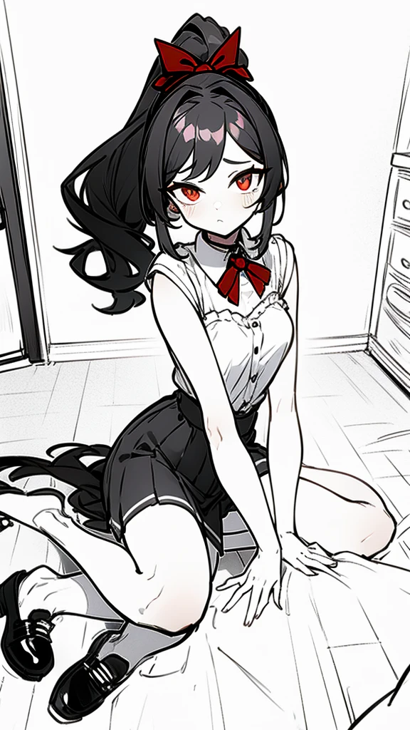 using pantimedies, wavy black hair, piercing look with deep red eyes, average stature, Silky hair with a ponytail hairstyle collected with a red bow with two white lines, with clothes, has a vagina, has breasts, cup of breasts, small breasts, slim, foreground, Session, sitting in her room, sitting on the floor of her room, wearing pantyhose, using pantimedies, Picardias, short skirt, shoes, blouse with straps