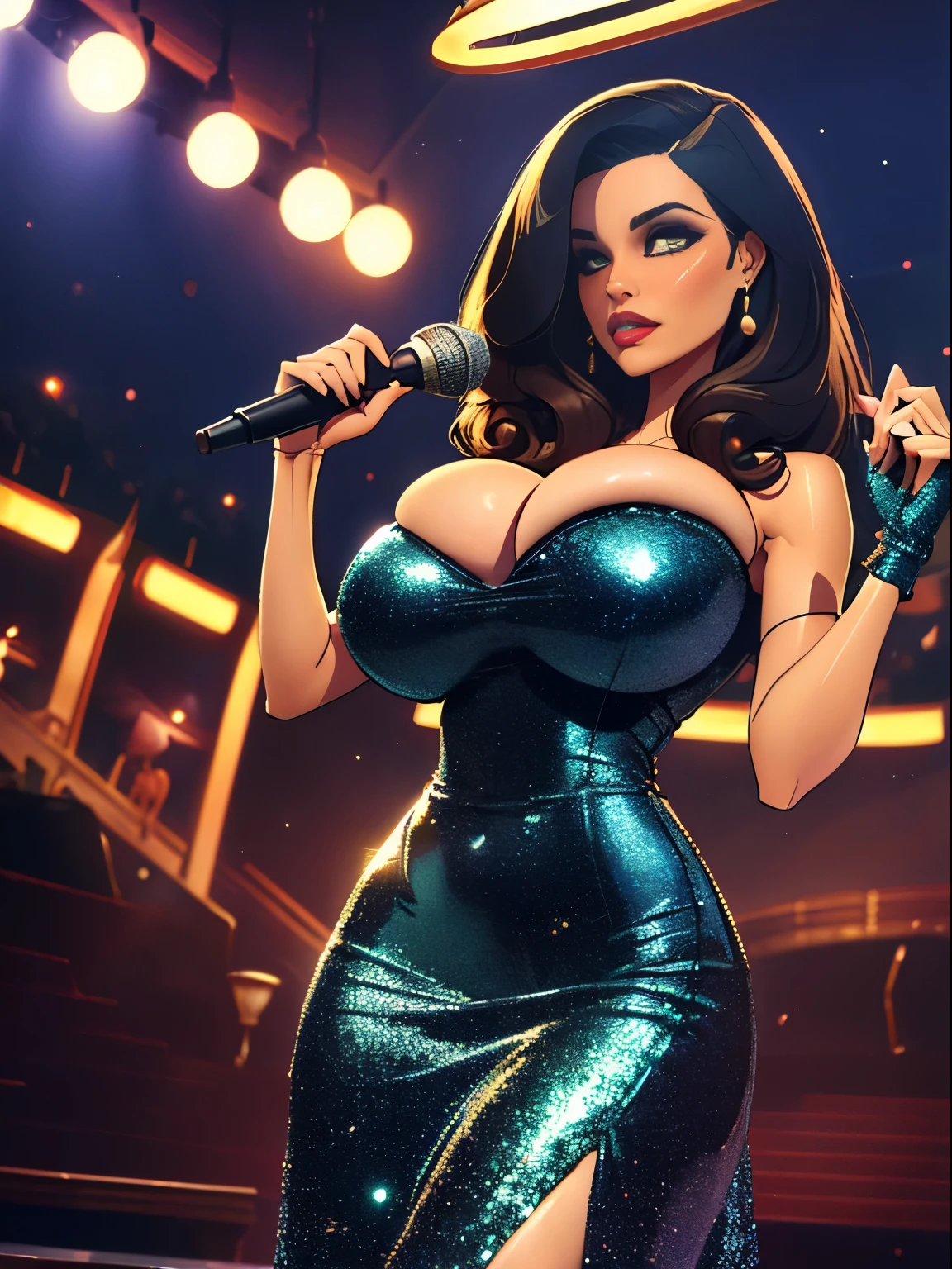 score_9, score_8_up, score_7_up, 1girl, Beautiful, Curvy, Tall, Mature, (Small Breasts: 1.3), (Elf Woman: 1.3), (Standing, legs spread wide, hand resting on top of chest, on stage, at a concert hall, holding a microphone singing: 1.3), (Thicc Thighs, Big butt: 1.4), (Blue Shaved Undercut: 1.5), Blue Eyes: 1.3, has shine, double eyelids, detailed irises, (Blue Latex Dress: 1.3), Red Shiny lipstick: 1.3, 16k, light and shadow on skin, vivid colors, Lustful Expression, sexy mature face, lots of freckles, full voluptuous pouty lips, extreme blush, Looking at Viewer, eyes half open, (Close-up: 1.0), extremely detailed, ray tracing, RTX, high saturation, high contrast, photon mapping, sharp image, best quality, detailed background, intricate details.