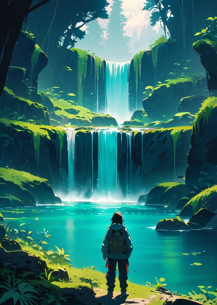 Generate a scenic image of a person standing at the edge of a rocky outcrop, overlooking a series of cascading waterfalls. The water is a vibrant turquoise blue, surrounded by dark, moss-covered rocks and sparse vegetation. The person is dressed in a hooded jacket and outdoor pants, facing away from the camera, taking in the breathtaking view. The overall atmosphere is serene and awe-inspiring, capturing the beauty of nature in a remote location."