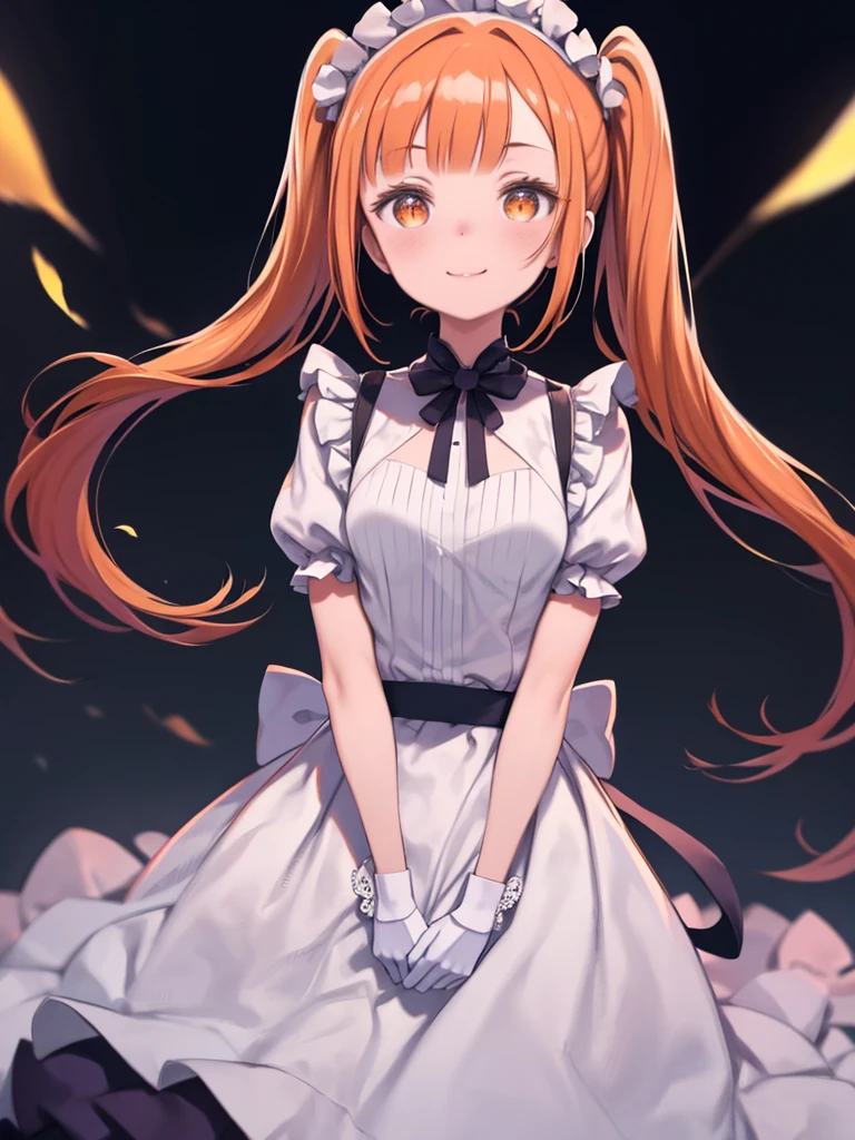 One Girl、Short、Orange Hair、(Long twin tails)、Straight Hair、Small bangs、Purple ribbon、Orange Eyes、Upper Body、Smiling、Watching the audience、Small breasts、Simple Background、Are standing、Front view、Hide your hands behind your back、Leaning forward、Maid clothes、White shirt、Short sleeve、bulging sleeves、White long gloves、Purple Dress、flare skirt、