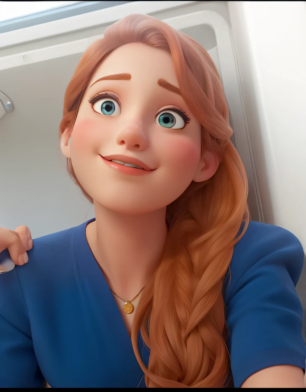 Feminine beauty, Disney style, ((trunk)), redheadwear, blue dress