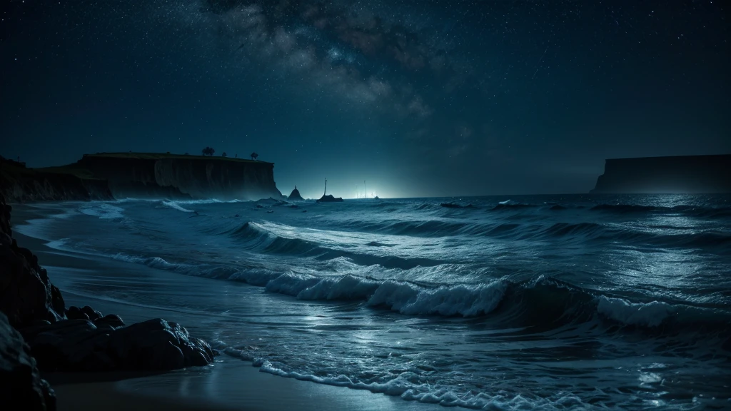 "A realistic night scene of a tranquil beach with an exceptionally dark sky, allowing the stars to shine brightly. The waves gently roll onto the shore, filled with millions of tiny, bright blue bioluminescent plankton, each emitting its own light like miniature stars in the water. The glowing bioluminescence illuminates the waves and the wet sand, creating a magical, otherworldly effect. Silhouettes of palm trees and distant cliffs are barely visible in the background, adding to the sense of isolation and tranquility. The dark surroundings make the sparkling blue bioluminescent waves and plankton the main highlight, creating a breathtaking and enchanting atmosphere."