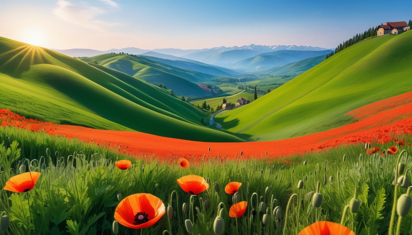 photo of a colorful poppy valley, surrounded by green hills, in the distance is a small village, spring scene,first-person view, panorama, UHD,(Best Quality),(Masterpiece Photos), (Details:1.4),(8k Highly Detailed)(Best Quality),(Best Shading)