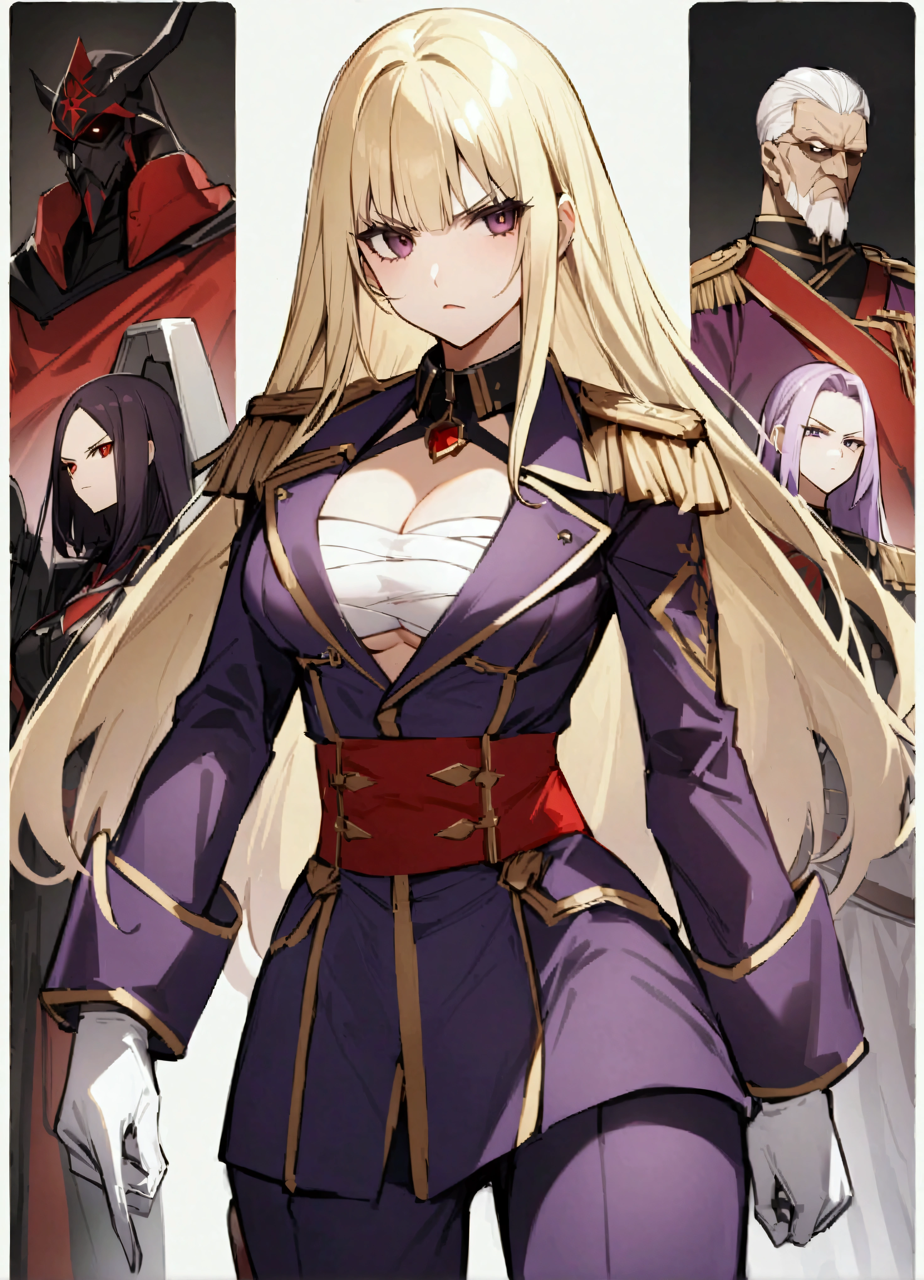 (masterpiece、Highest quality:1.2)、border、Little、solo、One girl、Kamiunten　Merlot（Slave of the Demon Capital）、The Scarlet Regiment（The Art of Alter Ego）、Empress、The violent patriarch、Blonde、Black Mesh、Straight Hair、Sharp Eyeuscular、Older sister、Special Attack Unit、Martial faction、、Staring at the audience、Striped Hair、uniform、military cap、V-shaped eyebrows、White gloves、Sarashi、Cleavage、Purple Jacket、Red Belt、Spike Collar、Epaulettes、Purple Pants