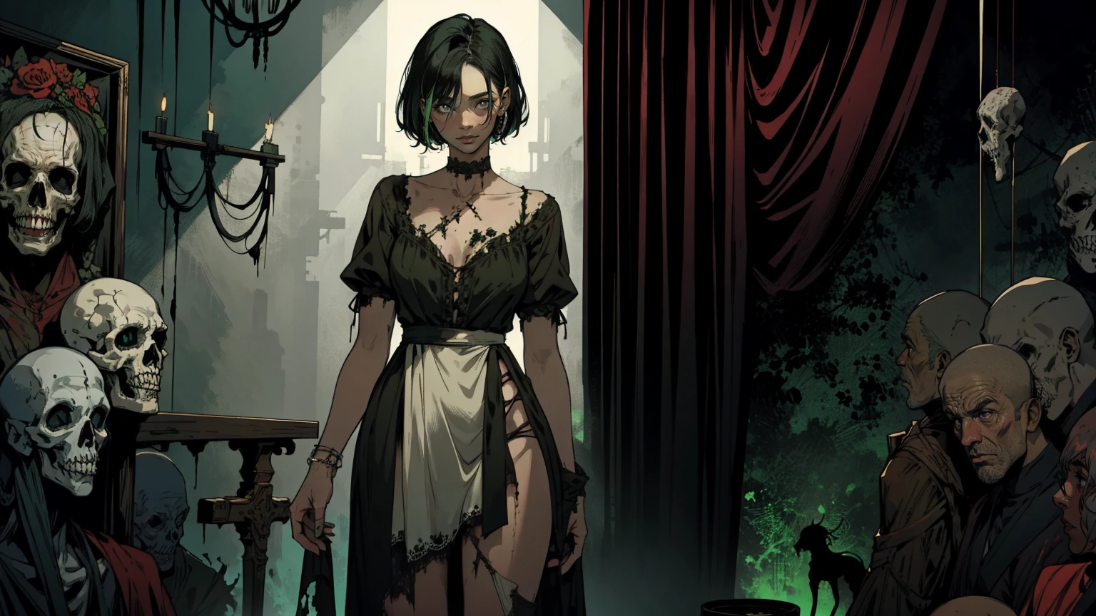 zombie, living Dead , living Dead girl , short black hair , vibrant green eyes, crosses in background, thighs, High heels, torn long dress , living Dead girl , Whole body , living Dead , Long torn white dress , Long and wide dress , shroud, at night , Torn dress , living Dead features , sexual body , sexual , unfocused look, She stands directly in front of the viewer, with hands down