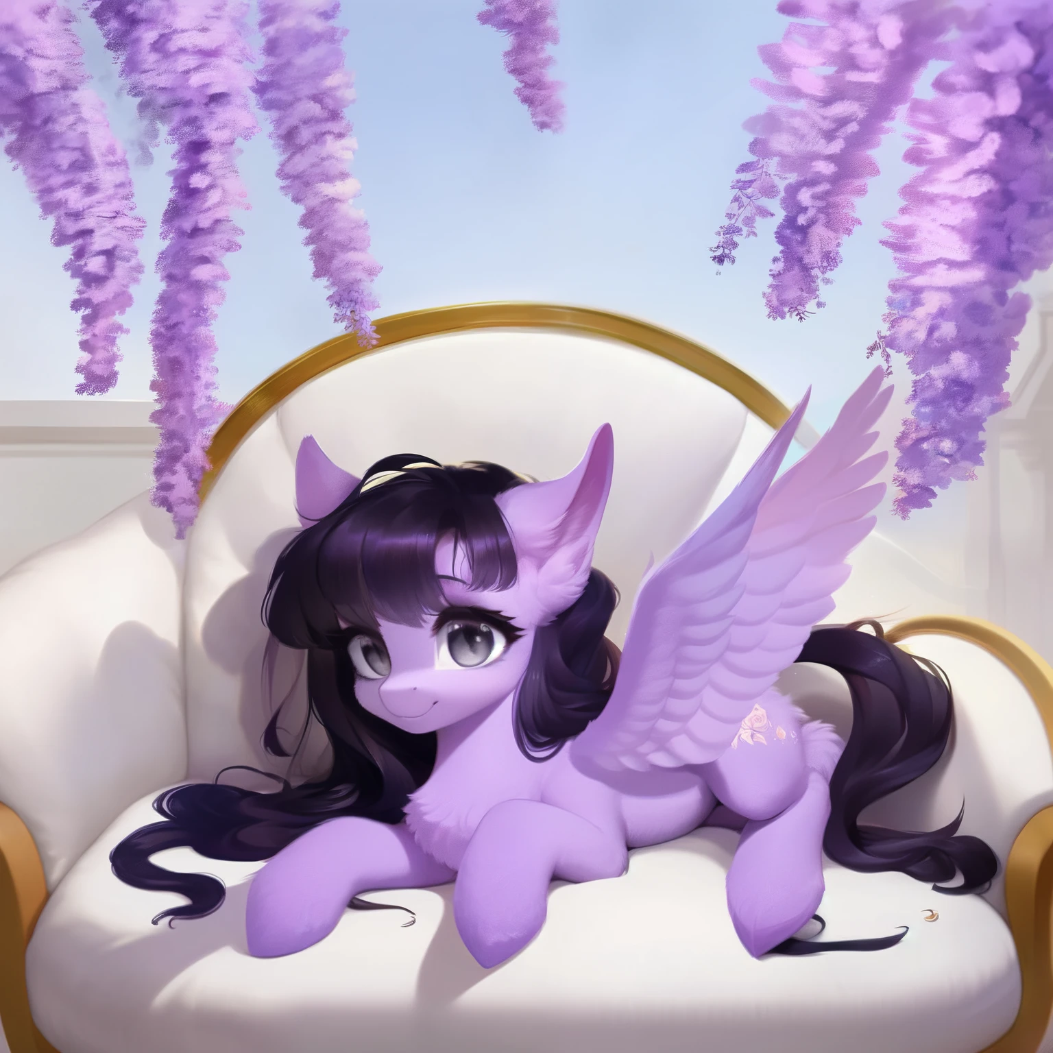 rating_safe, score_9, fluffy, feral pegasus pony, female,round cute face， Lavender purple body, black-purple mane, disheveled hair, soft and delicate long hair, clear grey eyes, grey eyes, smiling. dynamic。young and beautiful。Lying on the sofa，White sofa，High and cold。whole body