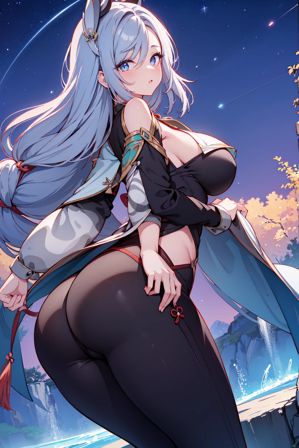 Shenhe, tight pants, butt, seductive, thick thighs, night sky view, realistic, best quality, masterpiece, ultra detail, ultra high res