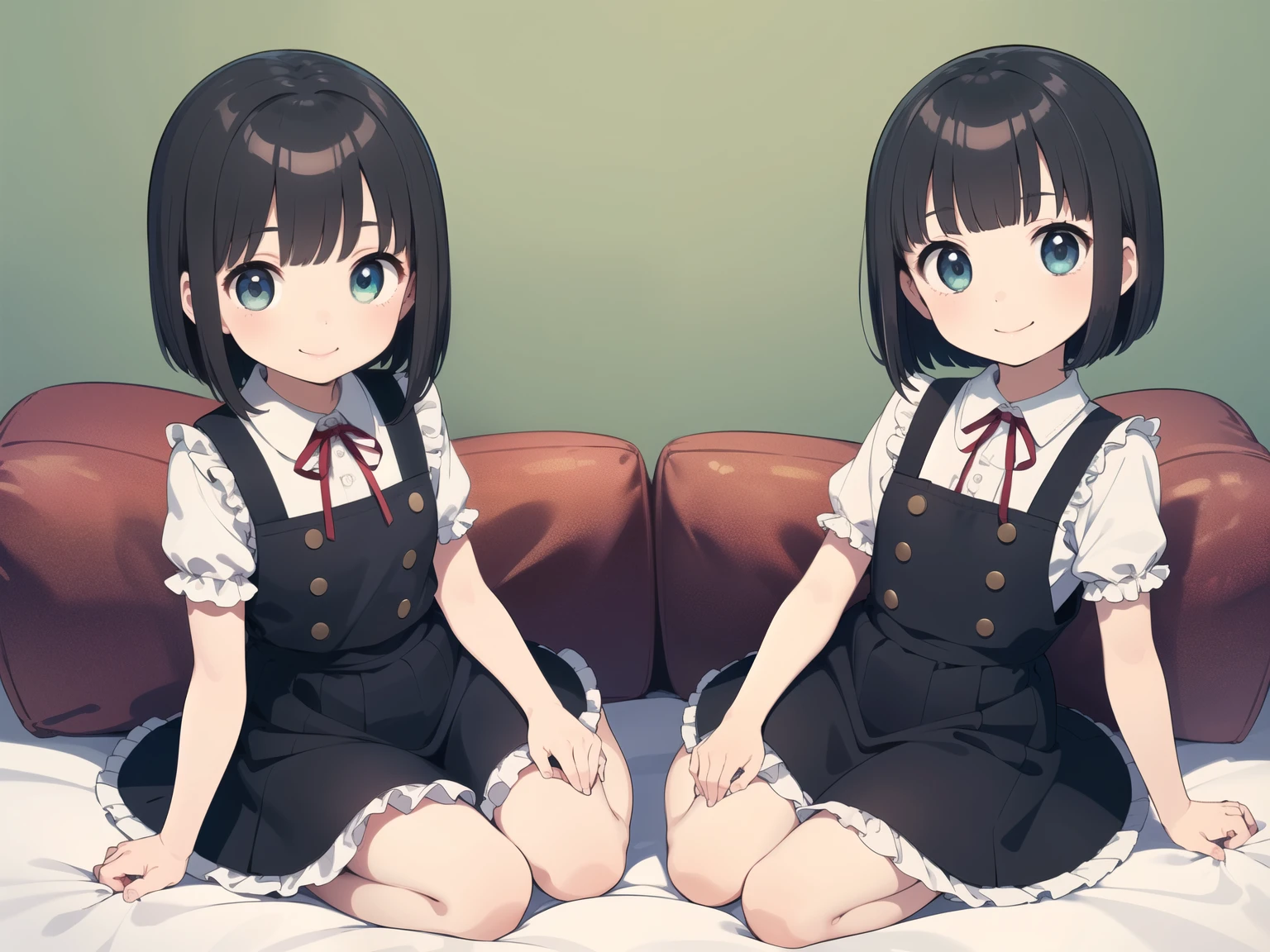 ((((Full body portrait from head to toe))))、masterpiece, Highest quality、Cowboy Shot、 and cute twin girls、７age、Two Girls、((Black Hair、Bob Hair))、Grey Eyes、((((Small breasts、Flat Chest))))、Slender body、Open your mouth,((She is sitting cutely on the sofa facing forward.、Sit with a gap)),Bedroom、((((smile)))),((Favorability))、((((Detailed facial depiction,Beautiful Eyes)))) ,((((Black frilly pinafore skirt)))),Symmetrical composition
