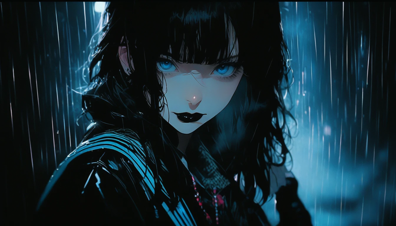 original character,blue eyes,Black Lips,Cover your nose and eyes with one hand,Realistic, Analog Style, VHS style, 8mm film, chromatic aberration, DVD Screen Grab, 80s movie, Cinema Lighting, Live Portrait Shooting, Contemporary photography, Dark and intense gothic style, light black, China Punk, thin, Attention to detail, Realisticな影, Move, Movie stills,Rainy weather