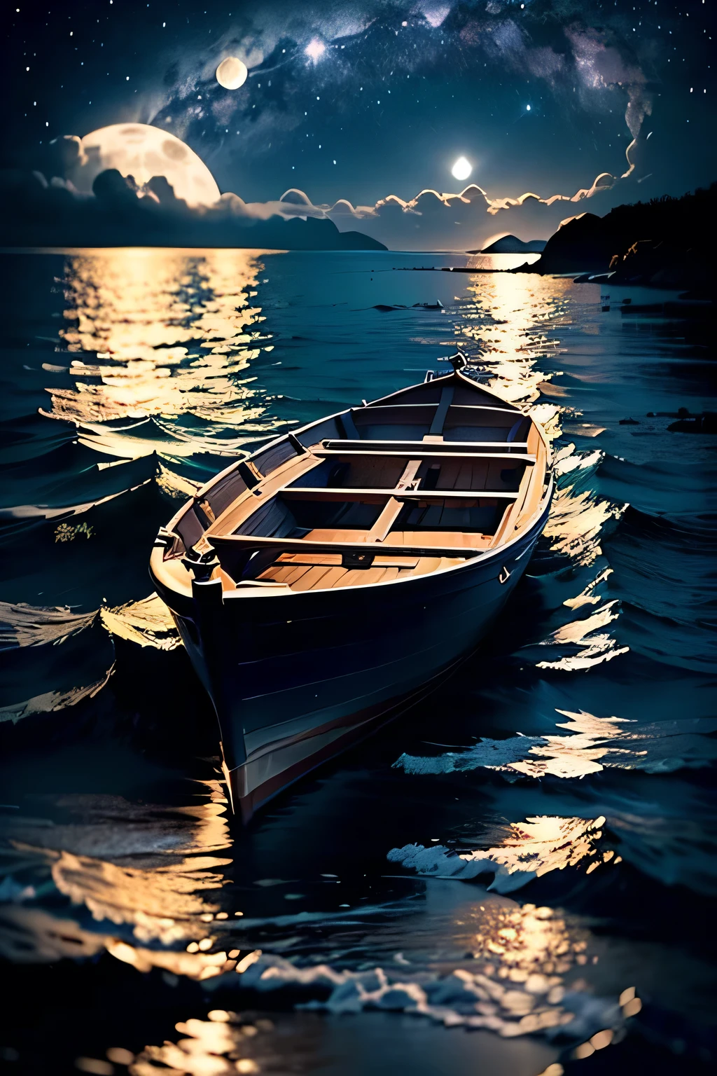 Starry night sky, vast ocean, small boat, gently rocking, full moon, calm and tranquil, soothing atmosphere, serene water reflections, peaceful, soft blue tones, minimalistic design, ambient and relaxing, suitable for BGM thumbnail