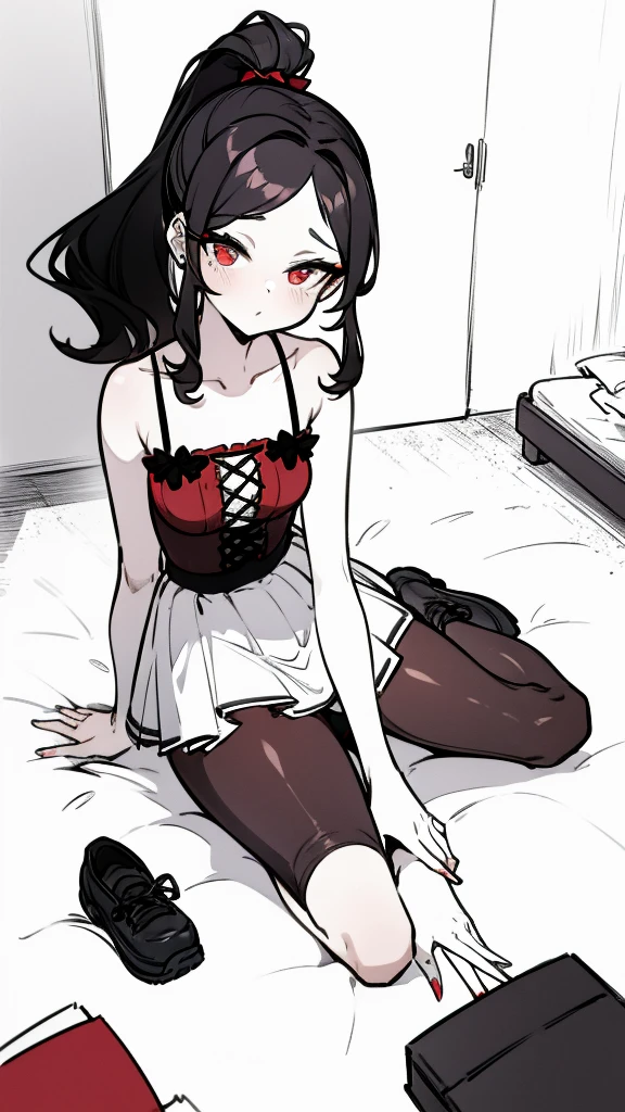 using pantimedies, wavy black hair, piercing look with deep red eyes, average stature, Silky hair with a ponytail hairstyle collected with a red bow with two white lines, with clothes, has a vagina, has breasts, cup of breasts, small breasts, slim, foreground, Session, sitting in her room, sitting on the floor of her room, wearing pantyhose, using pantimedies, Picardias, short skirt, shoes, blouse with straps 