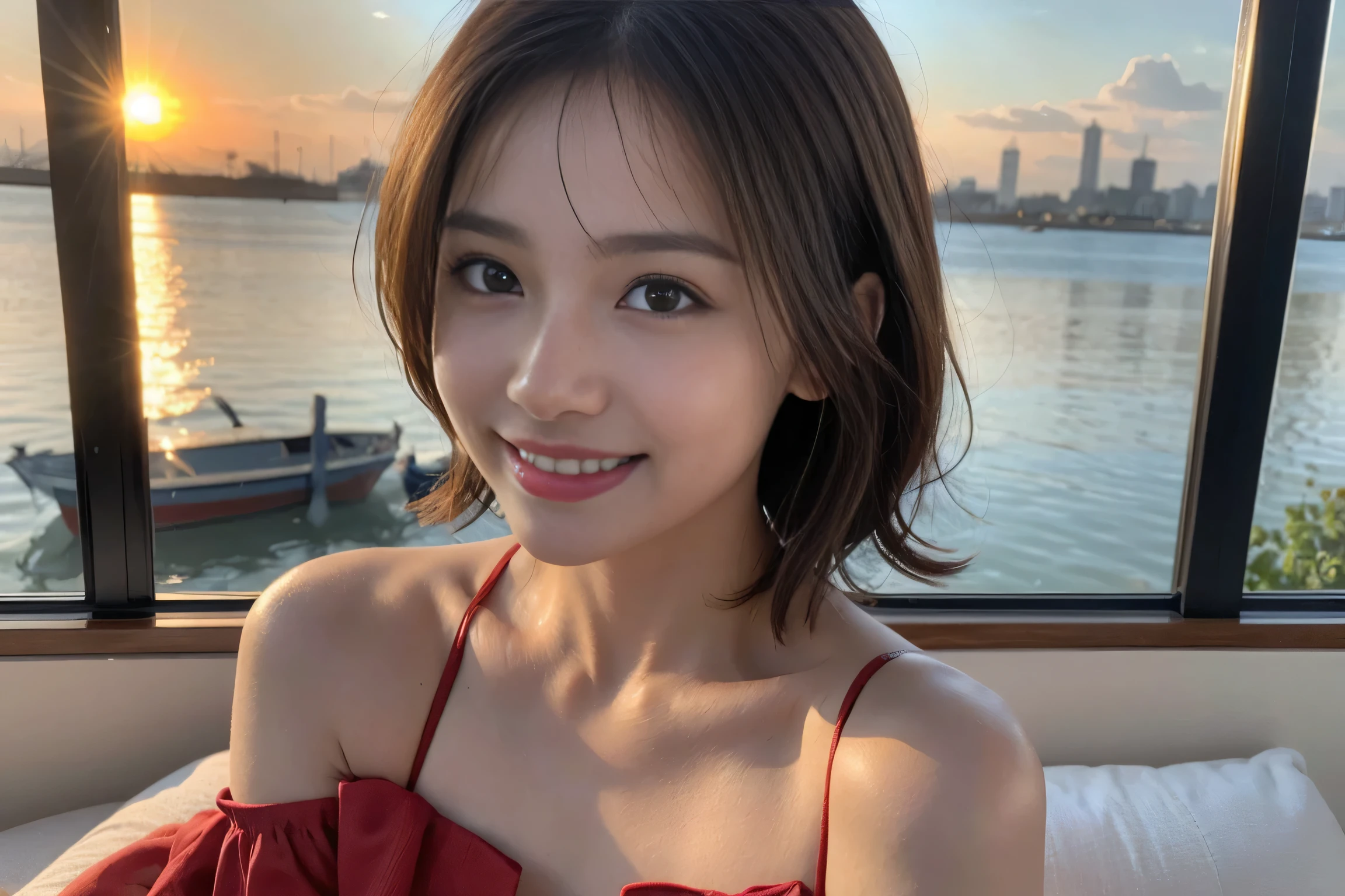 (realistic:1.1),(masterpiece,highest quality),8k,(44 years old),、actress/actor、Tight waist,upper body、(((Gorgeous sunset view)))、Perfect anatomy,brown hair, ((very detailed face and eyes:1.2))(Cute:1.4),actress,face with perfect golden ratio,(((Long red dress))) ,(smile:1.2)、Links、Cute、(realistic, intricate details:1.2), smile、Short hair,bright face、, (The body is slim), (brown hair), (links), upper body, 白wine, slim,