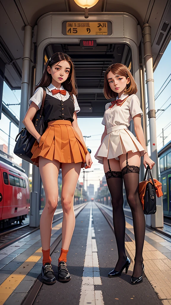 2 females 12 years old young pretty skinny body Pretty teens model 13 years old teens model upskirt, upskirting longs legs alluring lace stockings . there is a train that is stopped at the station for passengers, trams, street tram, tram, trams) ) ), sidewalks, guidelines, 4 0 9 6, street viewpoint, ground view, ground level medium shot, 1505, bus station, Orange Line, Precise lines, short perspective, Incredibly Detailed, Sharp Lines