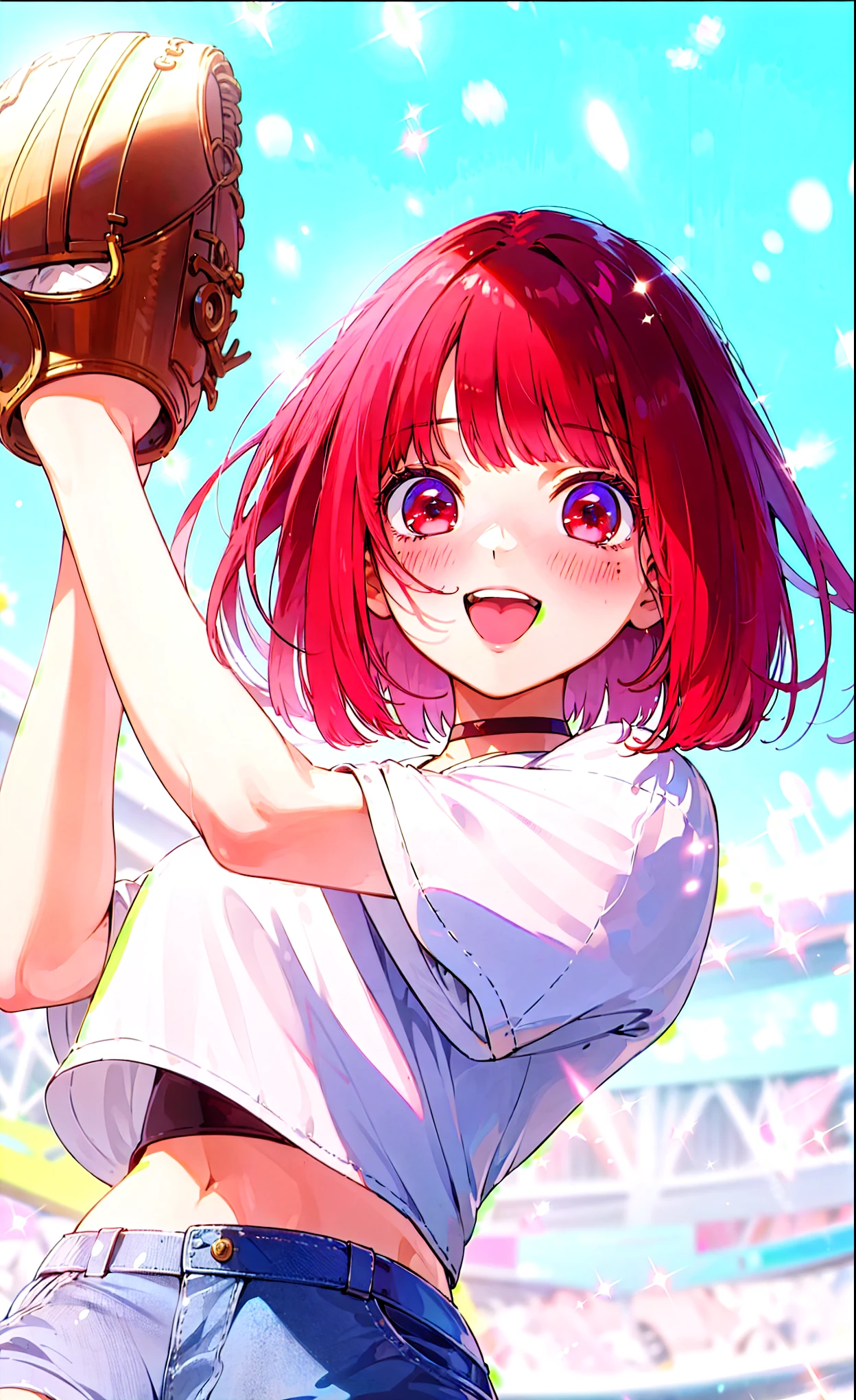 Best quality, masterpiece, ultra high res, (photorealistic:1.4), raw photo, 1girl, white wimsuit, sea, glowing skin, light smile, arima kana, red short hair, red eyes