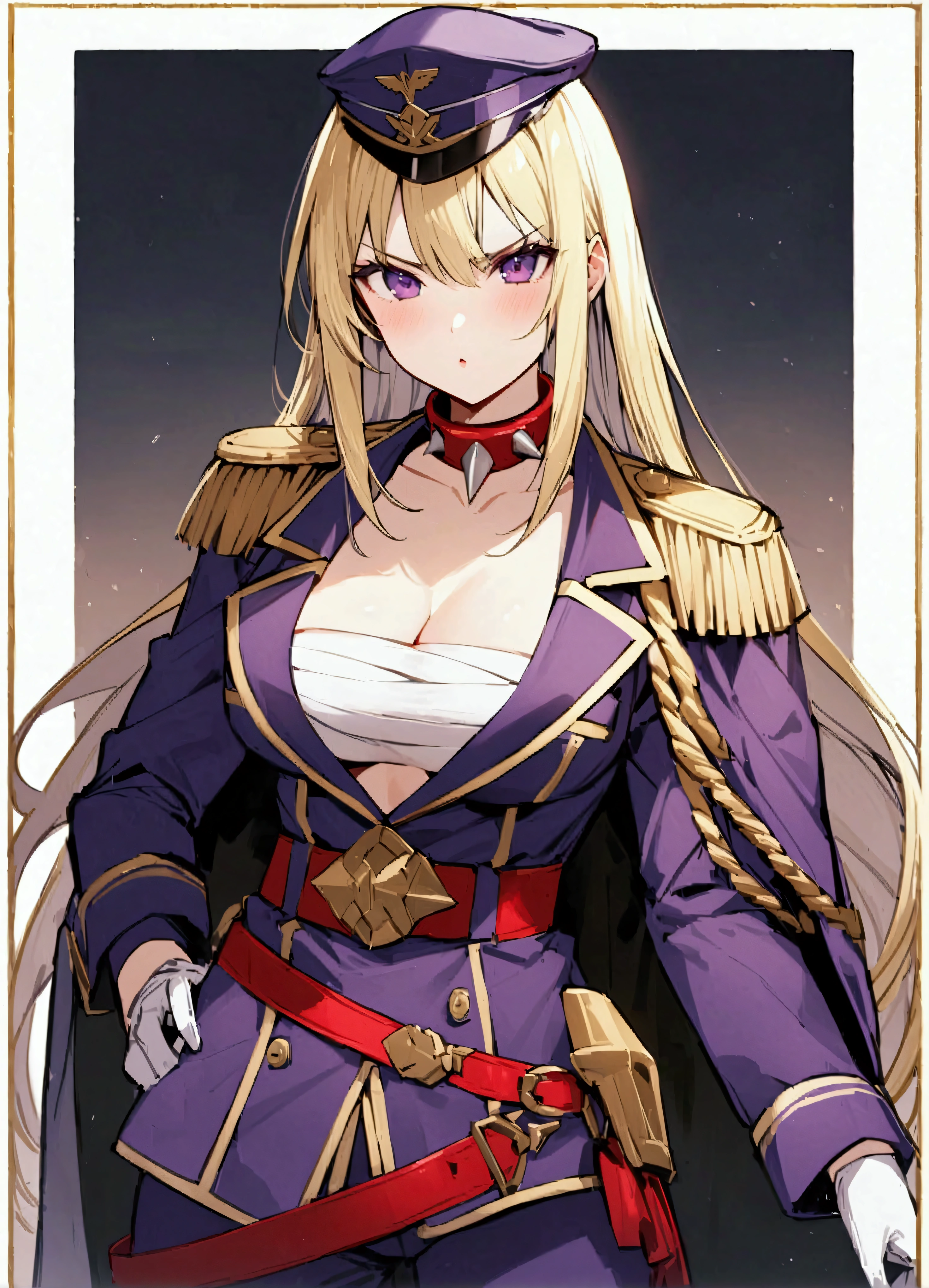 (masterpiece、Highest quality:1.2)、border、Little、solo、One girl、Kamiunten Merlot(Slave of the Demon Capital)、The Scarlet Regiment、The violent patriarch、Blonde、Black Mesh、Straight Hair、Sharp Eyeuscular、Older sister、Special Attack Unit、Martial faction、、Staring at the audience、Striped Hair、uniform、military cap、V-shaped eyebrows、White gloves、Sarashi、Cleavage、Purple Jacket、Red Belt、Spike Collar、Epaulettes、Purple Pants
