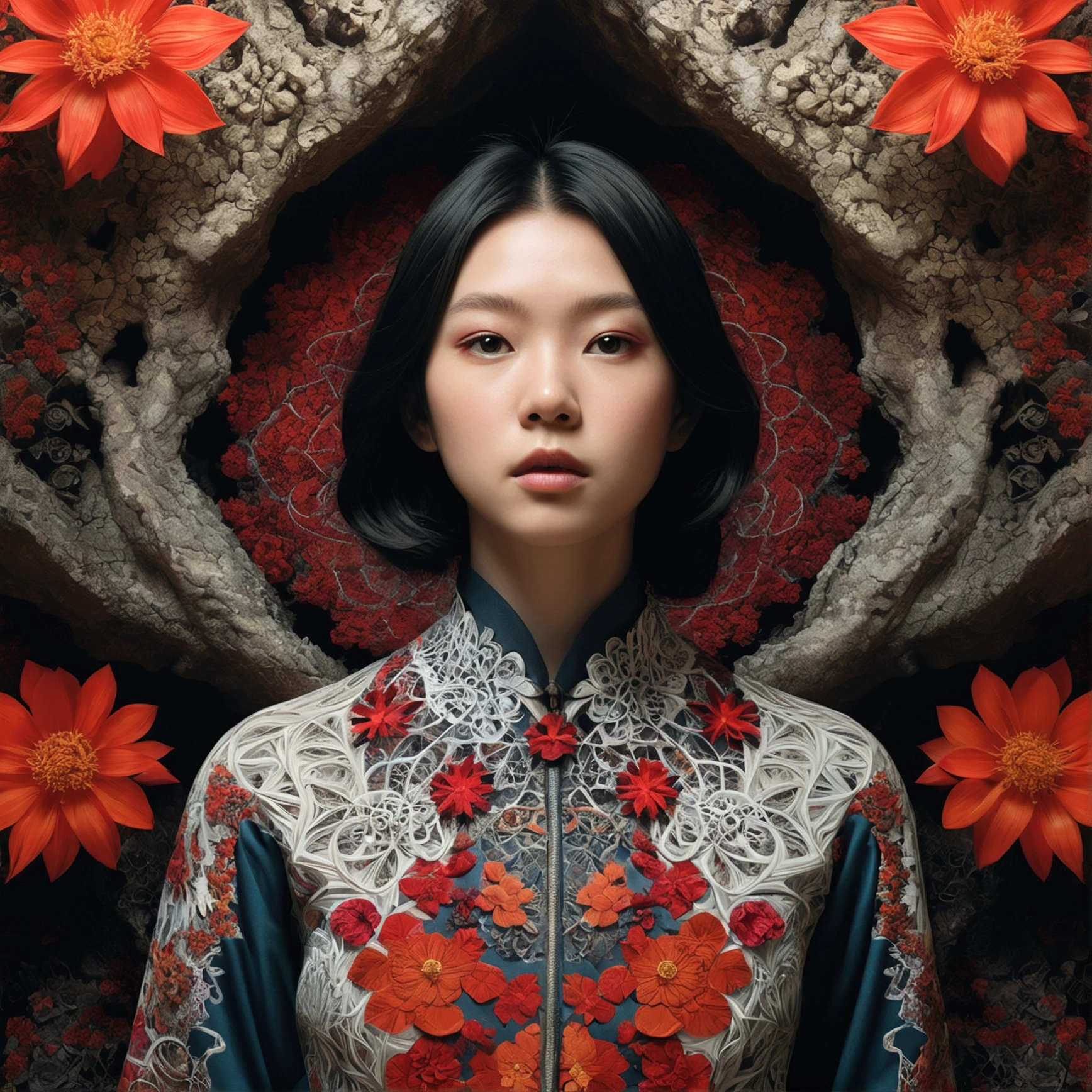 Official Art, unity 8k wallpaper, Super detailed, beautifully、aesthetic, masterpiece, Highest quality, (zentangle, mandala, Tangle, enTangle), (fractal art:1.3) , One girl, Red flower, Very detailed, Dynamic Angle, Cowboy Shot, The most beautiful form of chaos, elegant, Brutalist design, Vibrant colors, Romanticism, James Jean, Robbie Dowie Anton, ross tran, francis bacon, It was freezing cold, adrian's genius, Petra Cortright, gerhard richter, takato yamamoto, Ashley Wood, Atmospheric optical illusion Abandoned cave: Novel-style, Rempie, mystery, Individuality, Unique places, Closed, Horizontal view