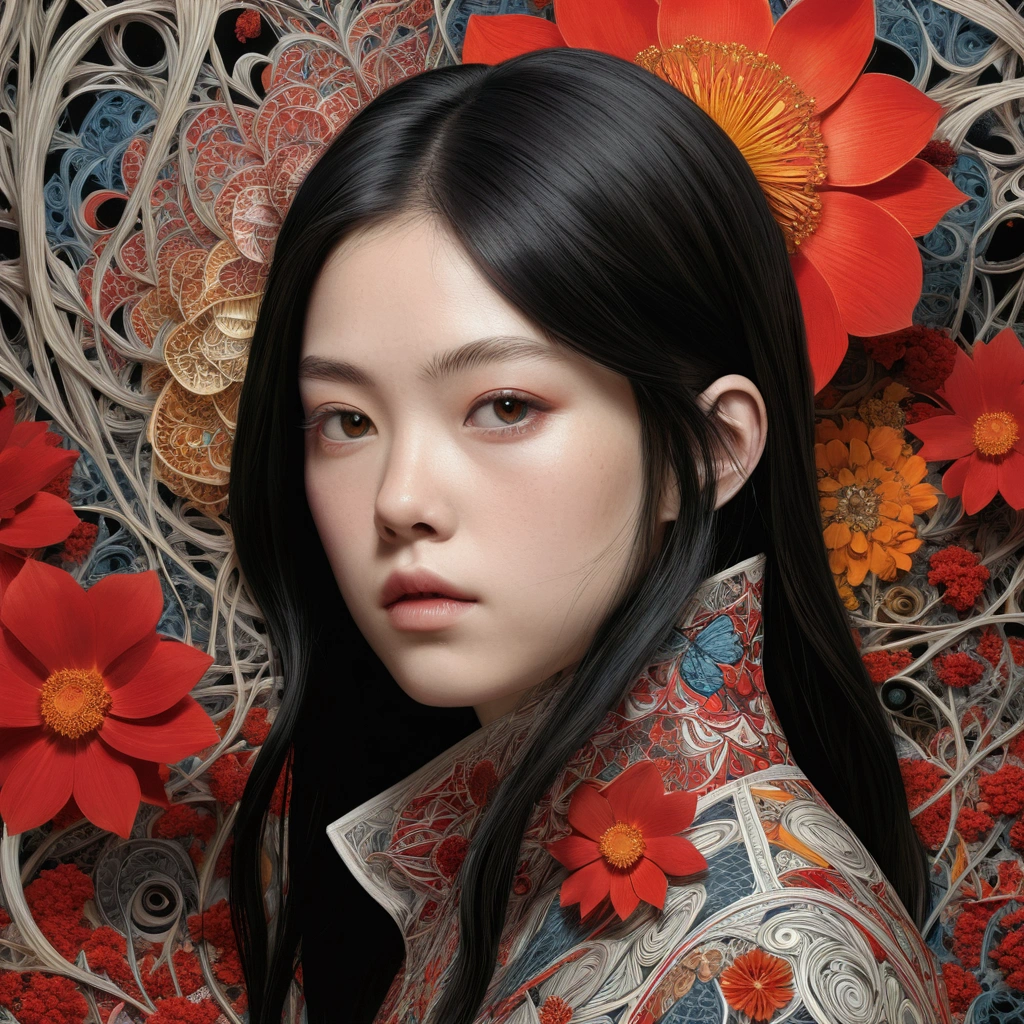 Official Art, unity 8k wallpaper, Super detailed, beautifully、aesthetic, masterpiece, Highest quality, (zentangle, mandala, Tangle, enTangle), (fractal art:1.3) , One girl, Red flower, Very detailed, Dynamic Angle, Cowboy Shot, The most beautiful form of chaos, elegant, Brutalist design, Vibrant colors, Romanticism, James Jean, Robbie Dowie Anton, ross tran, francis bacon, It was freezing cold, adrian's genius, Petra Cortright, gerhard richter, takato yamamoto, Ashley Wood, Atmospheric optical illusion Abandoned cave: Novel-style, Rempie, mystery, Individuality, Unique places, Closed, Horizontal view