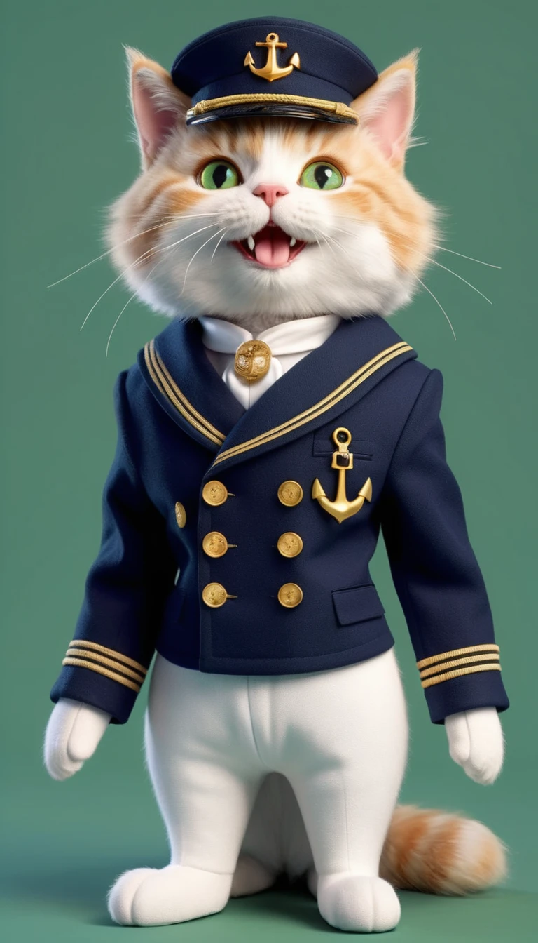 Plush white fluffy , like garnostai, Sailor Cat,   Stands on its hind legs, full length, in full white naval uniform, The double-breasted jacket is fastened on the front side with 6 rows of 2 buttons each with a gold-colored anchor., decorated with anchor buttonholes,White pants, boots, white cap with gold anchor , dressed on the head, sailor&#39;s,  The lower part is decorated with three rows of gold braid. Classic trousers with arrows, ankle length and zip fastening.
blue doll eyes with big eyelashes, smiles with his mouth open, with my paws spread out to the sides, 3D стиль, 8k , 4K, HD, Pure green background,  
The formal naval suit consists of a jacket and trousers made of beige wool blend fabric.
