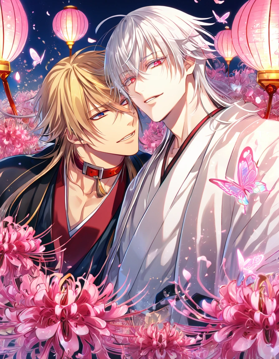 absurd resolution, high resolution, ultra detailed, detailed eyes, extremely detailed, HDR, 8K, Kazama Chikage, honey blonde hair, expressive red eyes, Hakuouki,Tsurumaru, white hair,expressive blue eyes, white eyelashes, two sexy men together, yaoi, gay couple, handsome, black haori, white kimono, red collar, fantasy, cool, magical, pink glittering butterflies, pink dust flying around, pink spider lilies, pink petals, pink lanterns, Japanese ambiance, pink blossoms 