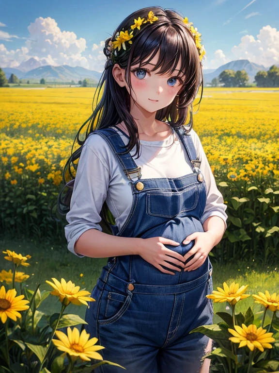 One girl, Big Tits,alone,Pregnancy exceeds,valley, masterpiece, high quality, Upper Body, Pasture, View your viewers, Overalls,Aisha Altuglu, flower, hair flower, Simple Background
