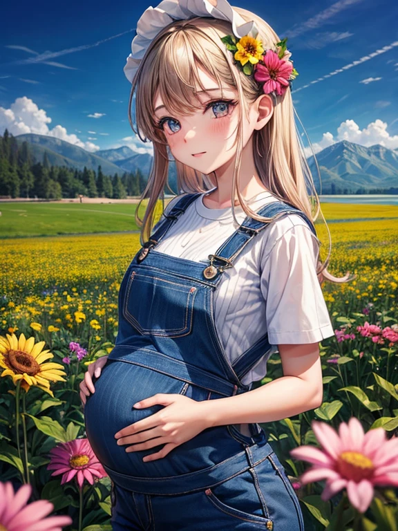 One girl, Big Tits,alone,Pregnancy exceeds,valley, masterpiece, high quality, Upper Body, Pasture, View your viewers, Overalls,Aisha Altuglu, flower, hair flower, Simple Background