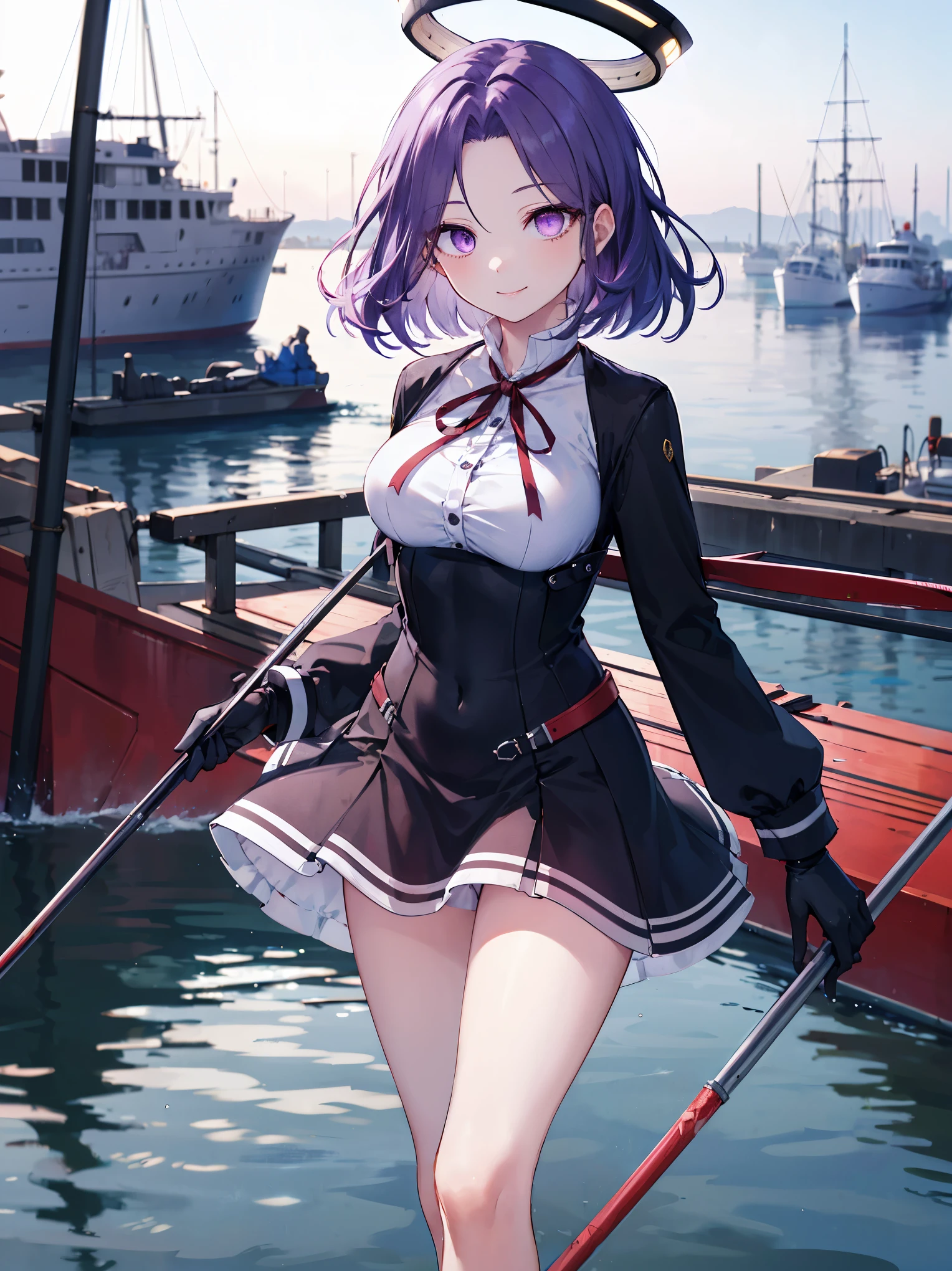 masterpiece, best quality, highres, mechanical halo, large breasts, black dress, neck ribbon, long sleeves, black gloves, outdoors, cowboy shot, standing, holding weapon, polearm,smile,,harbor_town,purple_eyes,(scornful eye:1.4)