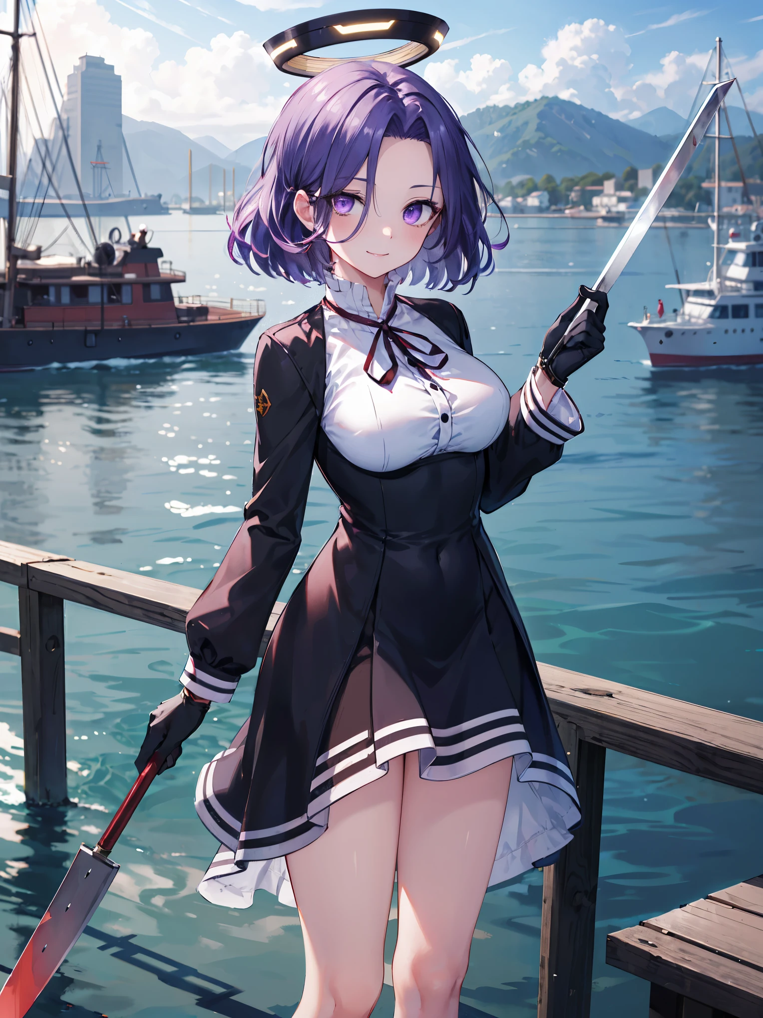 masterpiece, best quality, highres, mechanical halo, large breasts, black dress, neck ribbon, long sleeves, black gloves, outdoors, cowboy shot, standing, holding weapon, polearm,smile,,harbor_town,purple_eyes,(scornful eye:1.4)