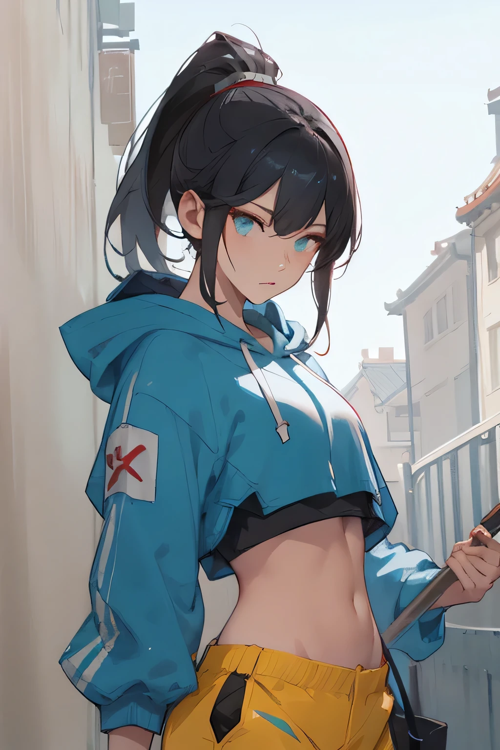Kitana from Mortal Kombat 1, Make her face Arknights style looks like face, sharp slanted eyes, tounge out,tounge,Ponytail dark hair, shoulder long hair,the outfit are dark blue street wear colour,crop top oversized hoodie + cargo shortpants street wear, holding chinese traditional fan and blade, 1girl, soft blue one colour background