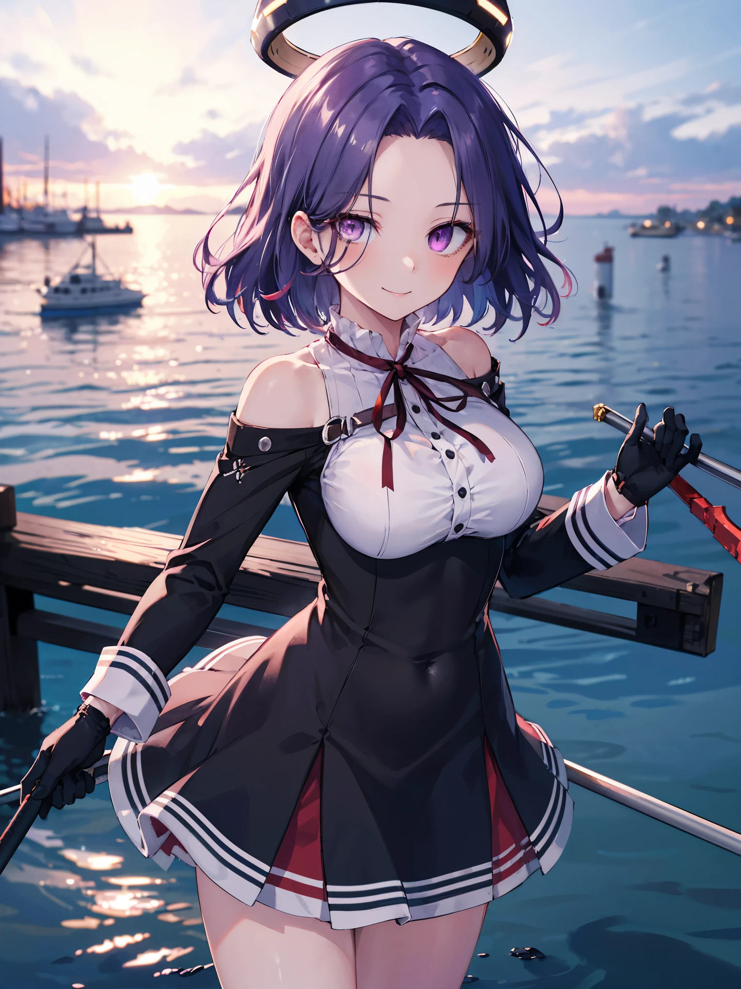 masterpiece, best quality, highres, mechanical halo, large breasts, black dress, neck ribbon, long sleeves, black gloves, outdoors, cowboy shot, standing, holding weapon, polearm,smile,,harbor_town,purple_half_eyes,(scornful eye:1.4)