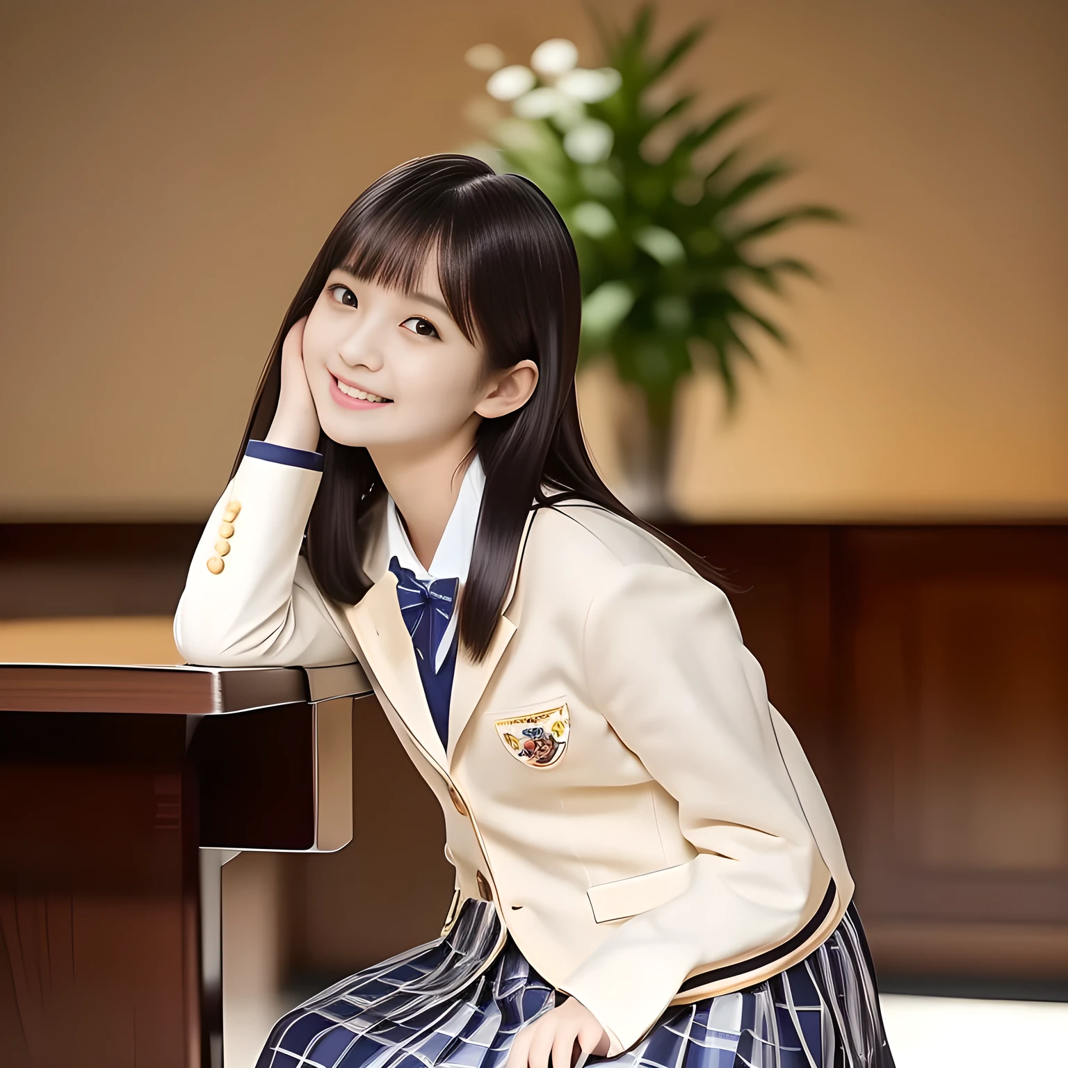 (Highest quality, masterpiece:1.2), Highest quality, High resolution, 1080P, 8k, height: 158cm, ((A noble, graceful and intelligent girl who looks like a best fat proportion Japanese young lady is seated on a grand piano and fascinates the viewer as a fashion model)), showing the white legs, ((So sweet, very noble, neat, and pretty Japanese beautiful cute girl)), ((A real, very girly, sweet, cute and noble fashion model)), ((((A 14yo beautiful Japanese cute fashion model)))), ((((Very pure white face and limbs)))), Glossy Lips, (Evenly cut bangs), ((Very beautiful, droopy, cute, pure, noble brown eyes)), ((Super long, 130cm black straight hair)), (Very shiny, glossy Lips), ((Beautiful neat straight hair like a school promotion model)), Watching at you, ((Incredibly well organized, Rich facial expressions)), ((Plump and beautiful white skin and face)), ((Pure, clear, gentle brown eyes)), Glossy Lips, ((Large upward-curving lips)), ((White hand and shin)), School neat loafer, ((((Navy Japanese school blazer with noble golden emblem: 1.2)))), ((dark blue tartan checkered pleated long skirt)), ((Plain-red-colored school chest ribbon)), ((((An ecstatic expression of boundless joy)))), ((plain white background: 1.0)), ((perfect cute fat body)), (((hair beauty magazine for young girls))), (Double eyelids, graceful noble eyes and faces with well balanced and carefully detailed:1.6)