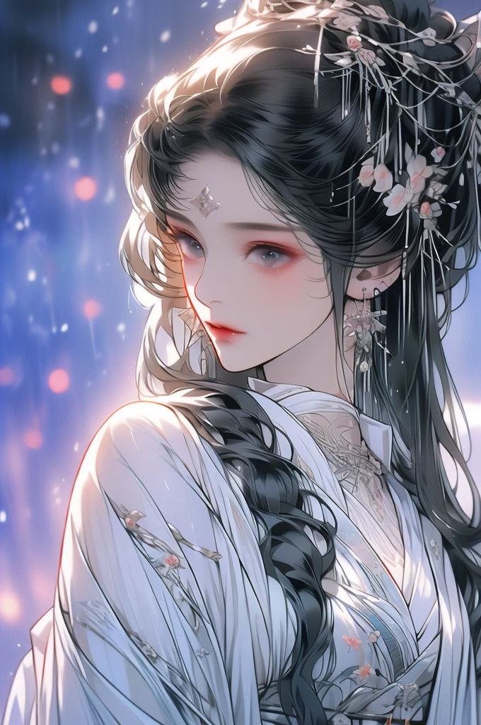 Black Hair, Immortal Cultivation, Royal sister, White Robe, hime cut, hair scrunchie, Romanticism, Gothic art, ray tracing, cinematic lighting, first-person view, Sony FE GM, anatomically correct, masterpiece