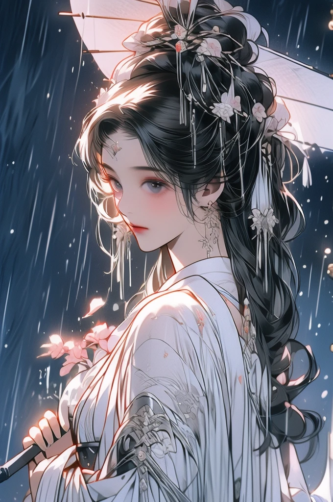 Black Hair, Immortal Cultivation, Royal sister, White Robe, hime cut, hair scrunchie, Romanticism, Gothic art, ray tracing, cinematic lighting, first-person view, Sony FE GM, anatomically correct, masterpiece